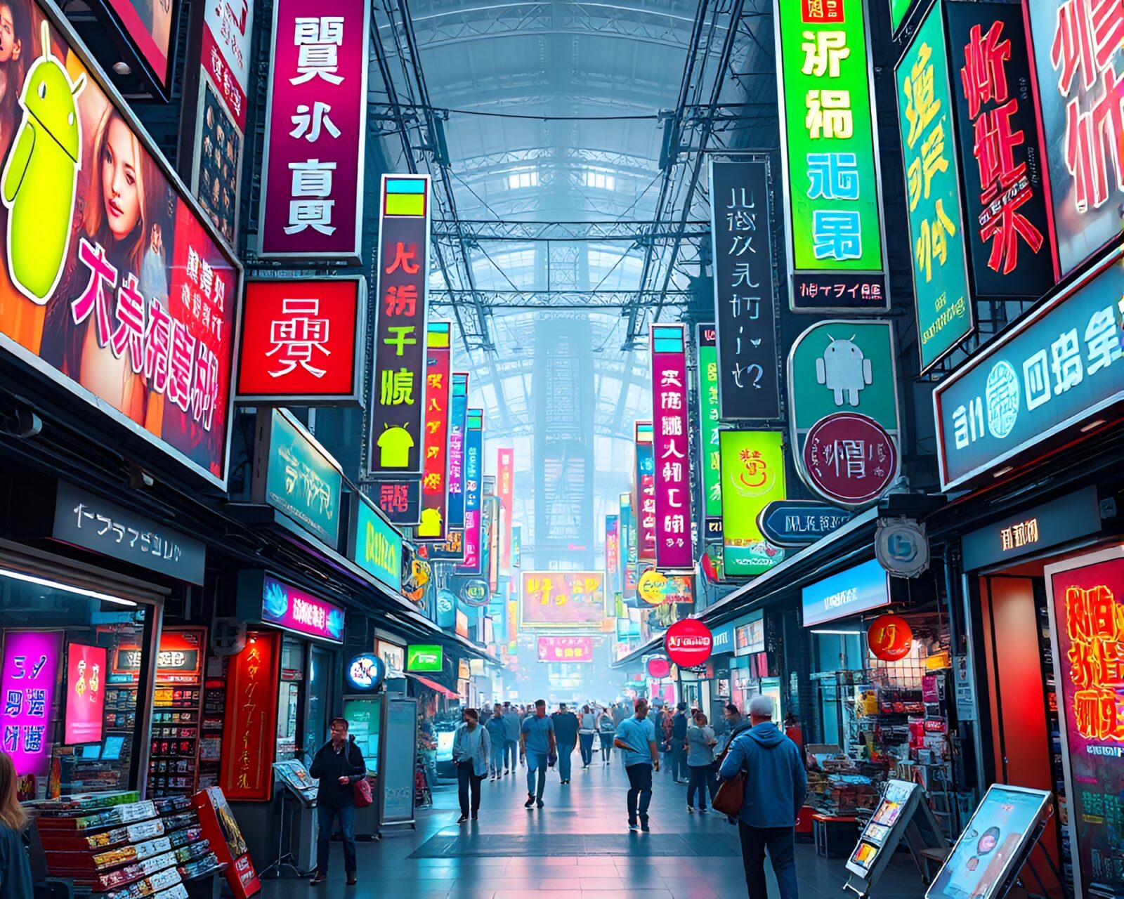 Vibrant android market with neon signs and digital billboards