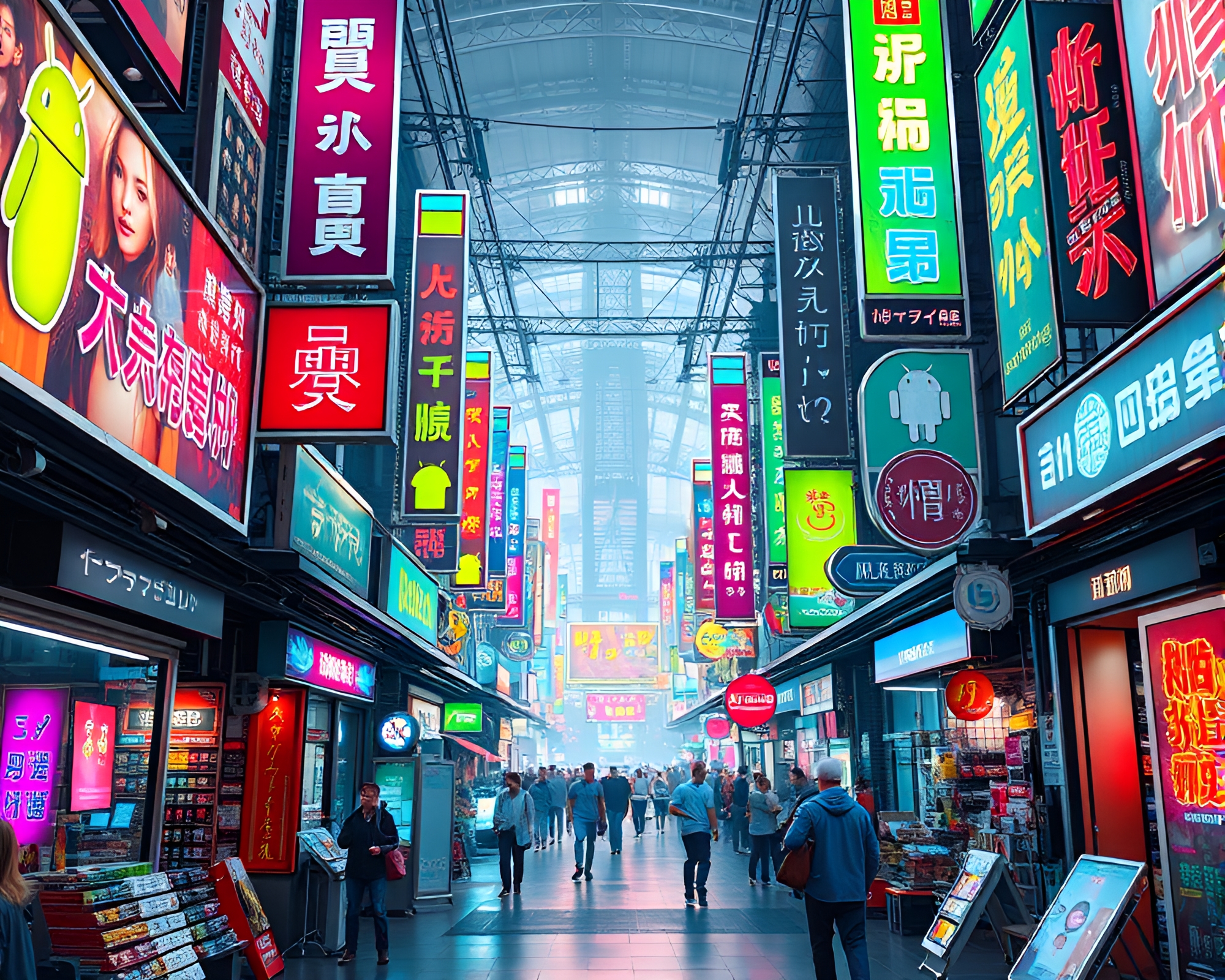 Futuristic Android Market with Neon Signs and Digital Billboards – free AI stock image