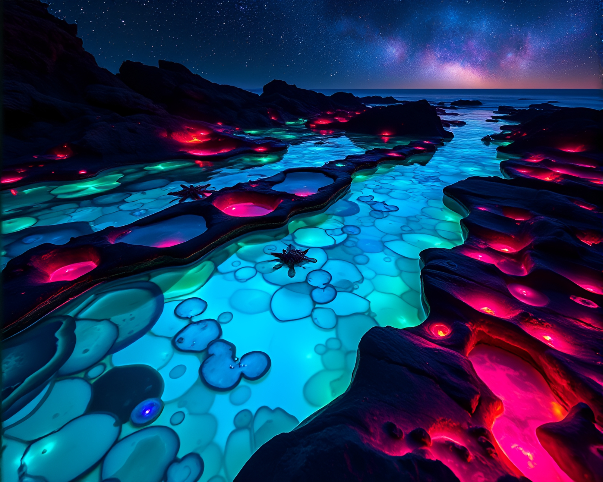 Mesmerizing Bioluminescent Tide Pools in Modern Art Installation – free AI stock image