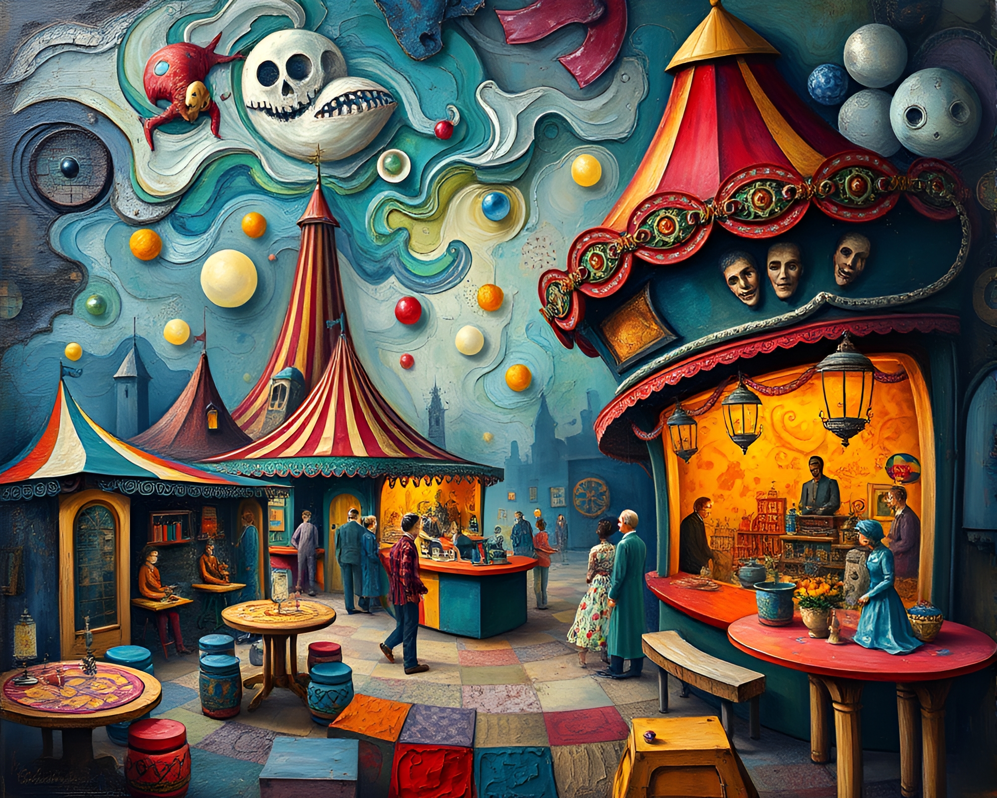 Spectral Carnival: Whimsical Cubism Painting of Dreamlike Wonderland – free AI stock image