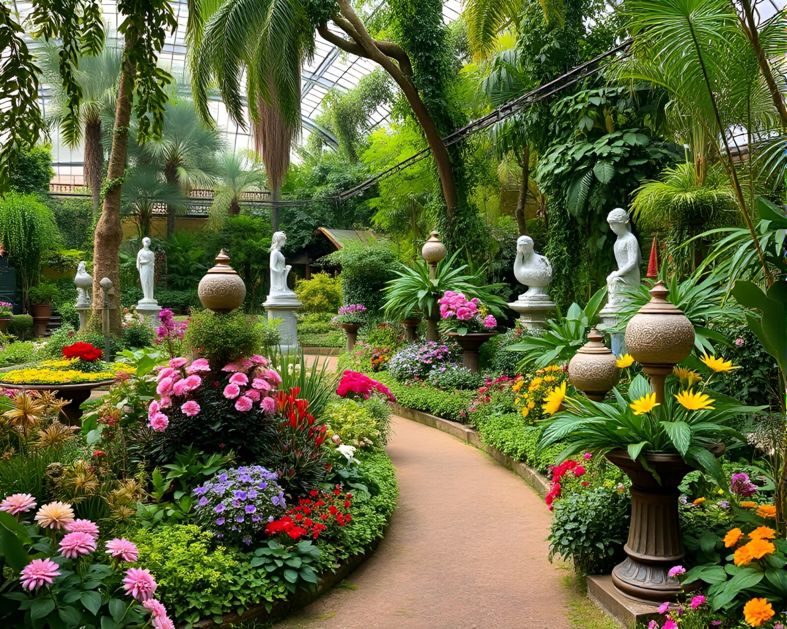 Serene botanical garden with lush greenery and colorful flowers