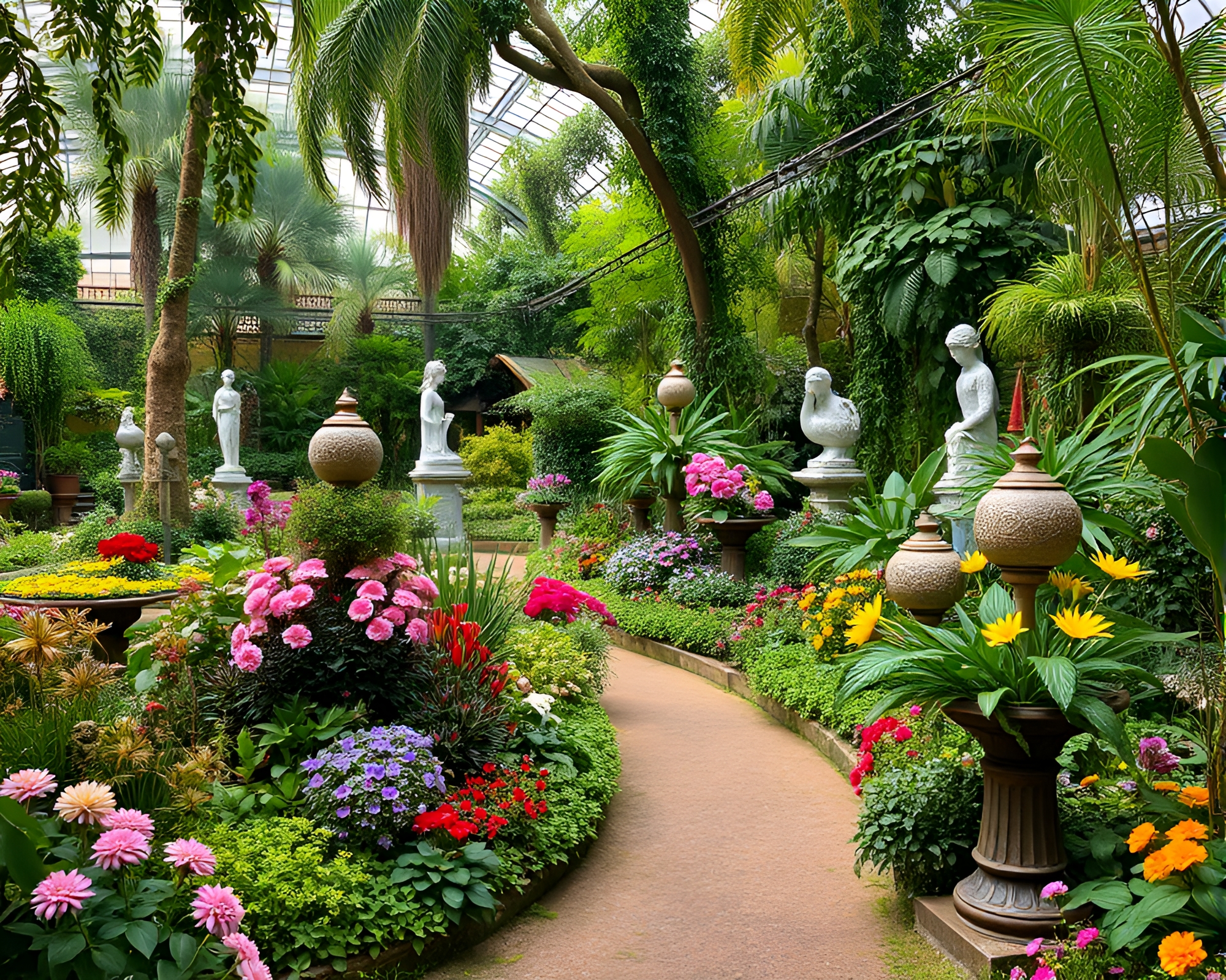 Tranquil Botanical Garden with Colorful Flora and Artistic Sculptures – free AI stock image