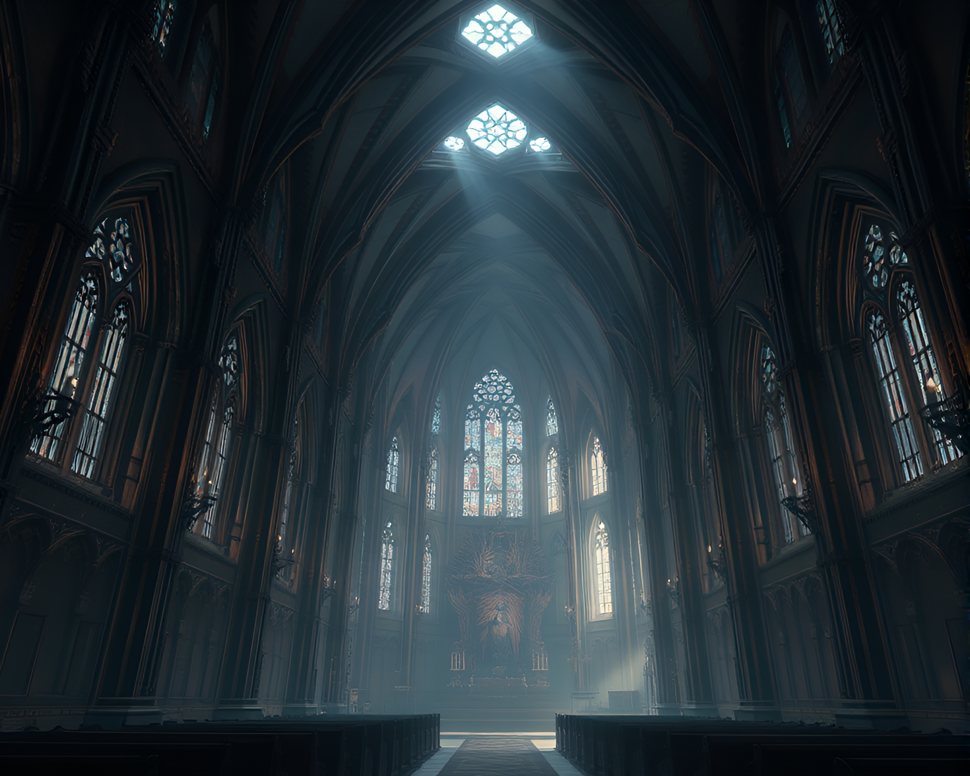 Gothic Cathedral Interior: A Dark Melancholic Beauty – free AI stock image