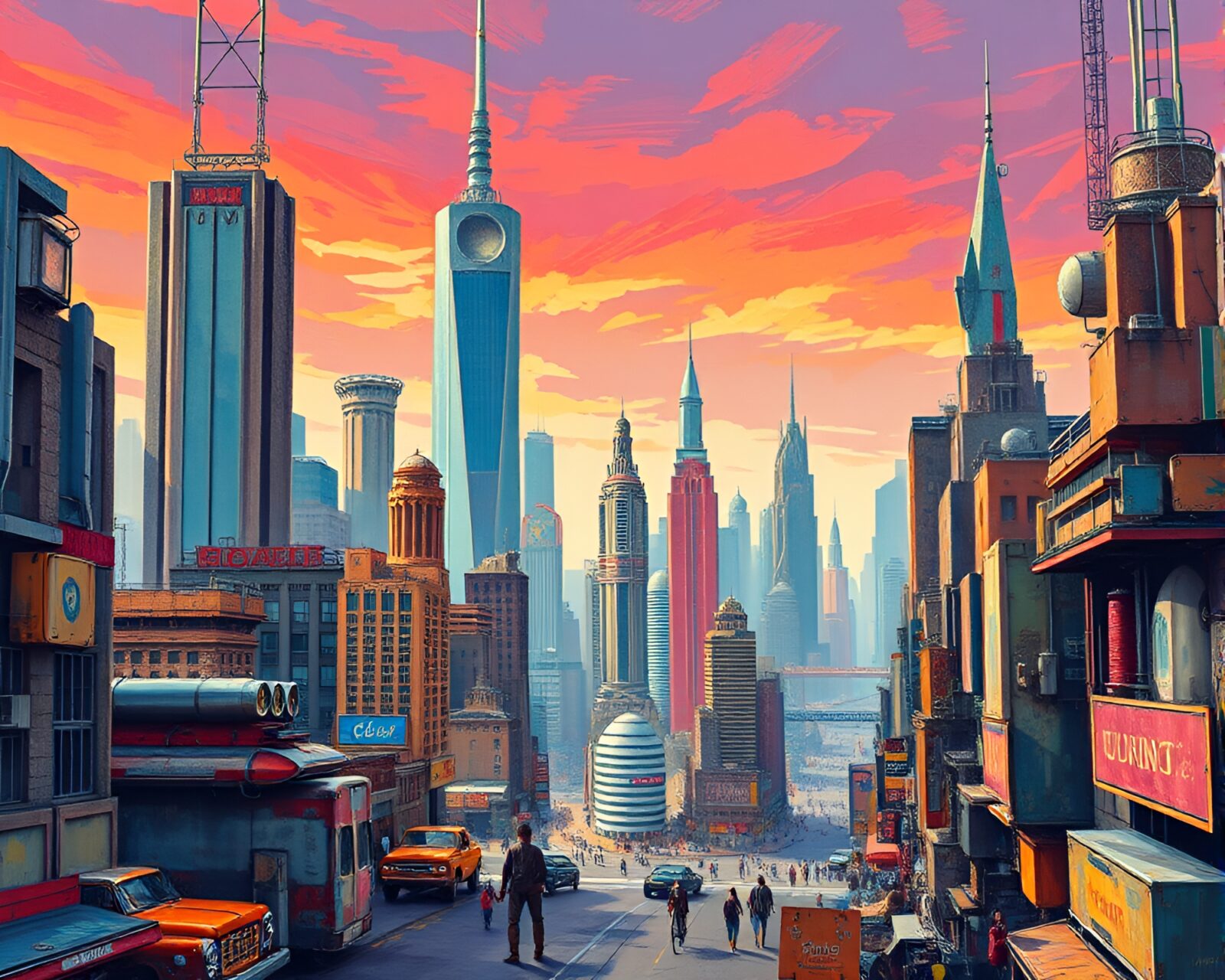 Oil painting of retro-futuristic metropolis blending old-world charm