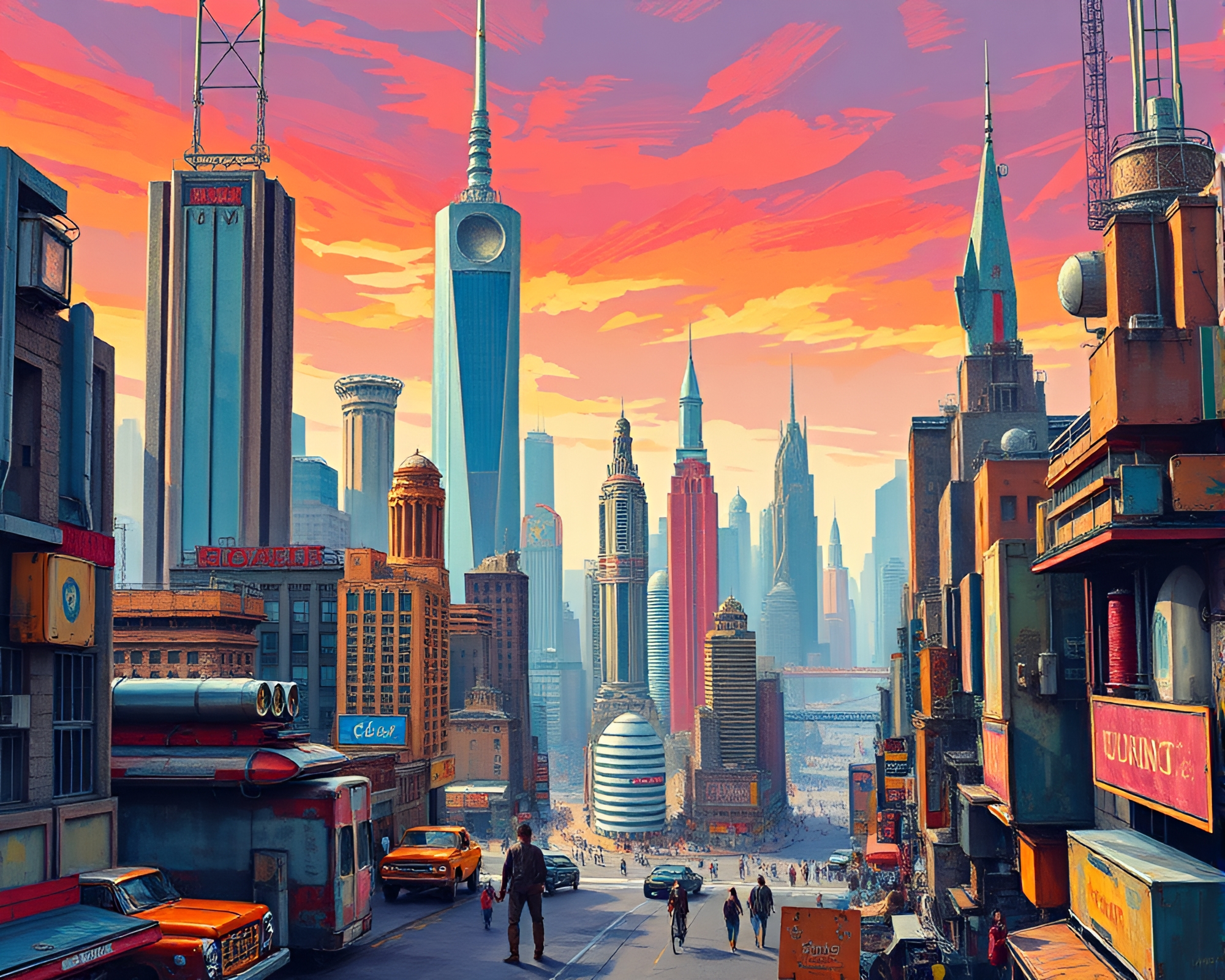 Vintage futuristic cityscape with towering skyscrapers – free AI stock image