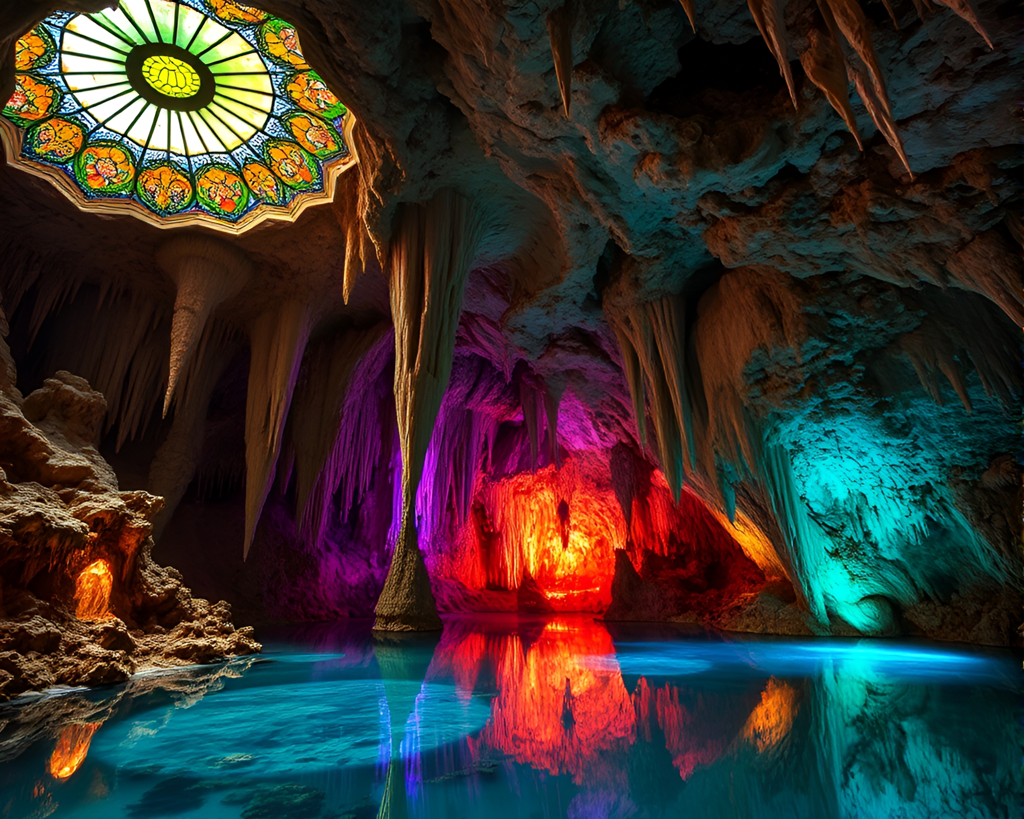 Enchanting Crystal Lake Beneath Stained Glass Ceiling – free AI stock image