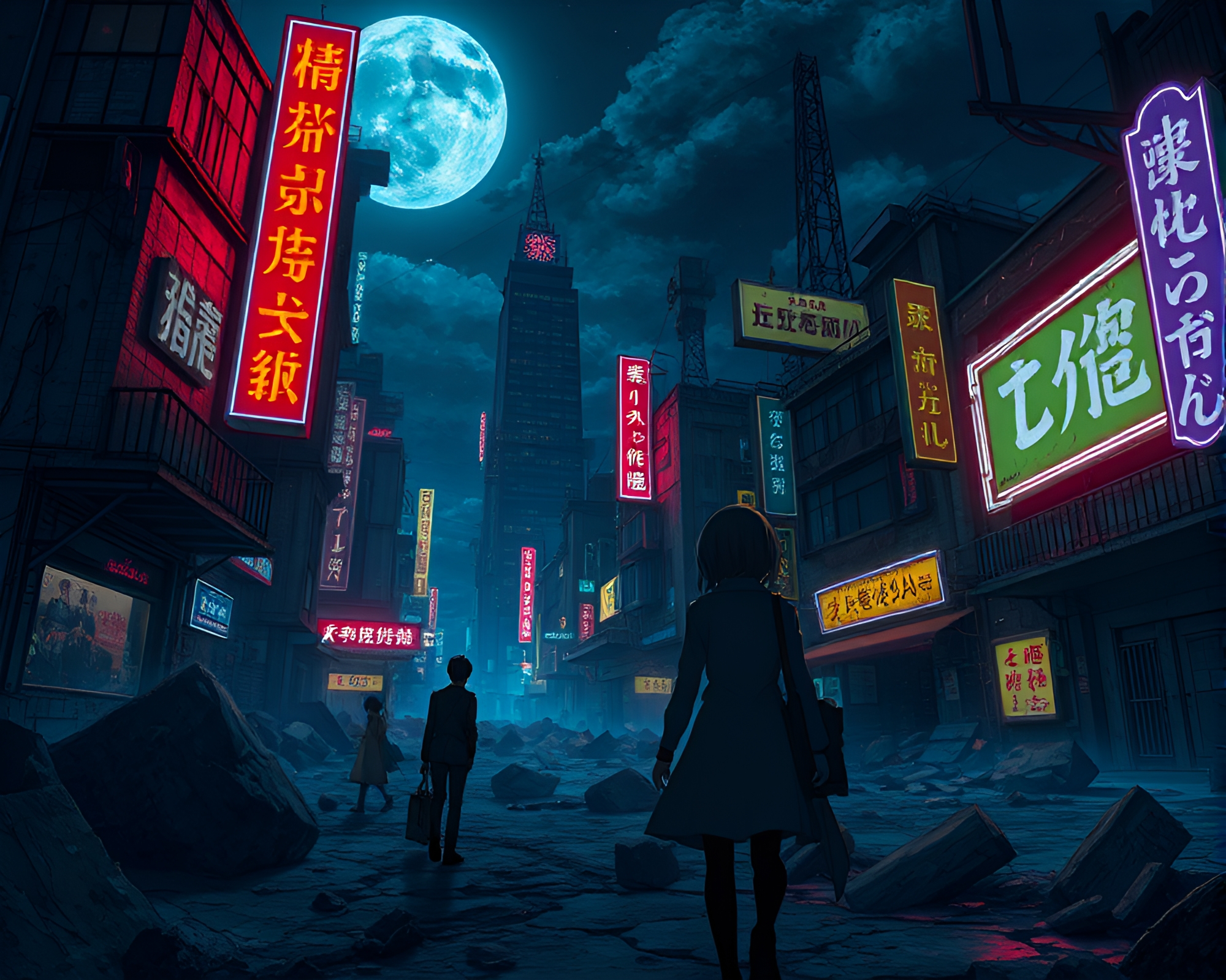 Intricate Noir Anime Characters Navigate Mysterious Sunken Cityscape – free AI stock image