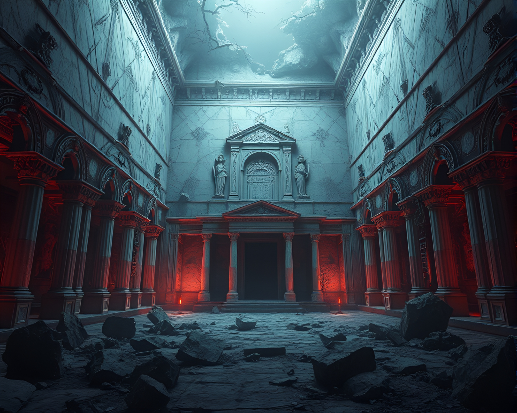 Ethereal 3D-Rendered Marble Palace Ruins Captivate with Eerie Illumination – free AI stock image