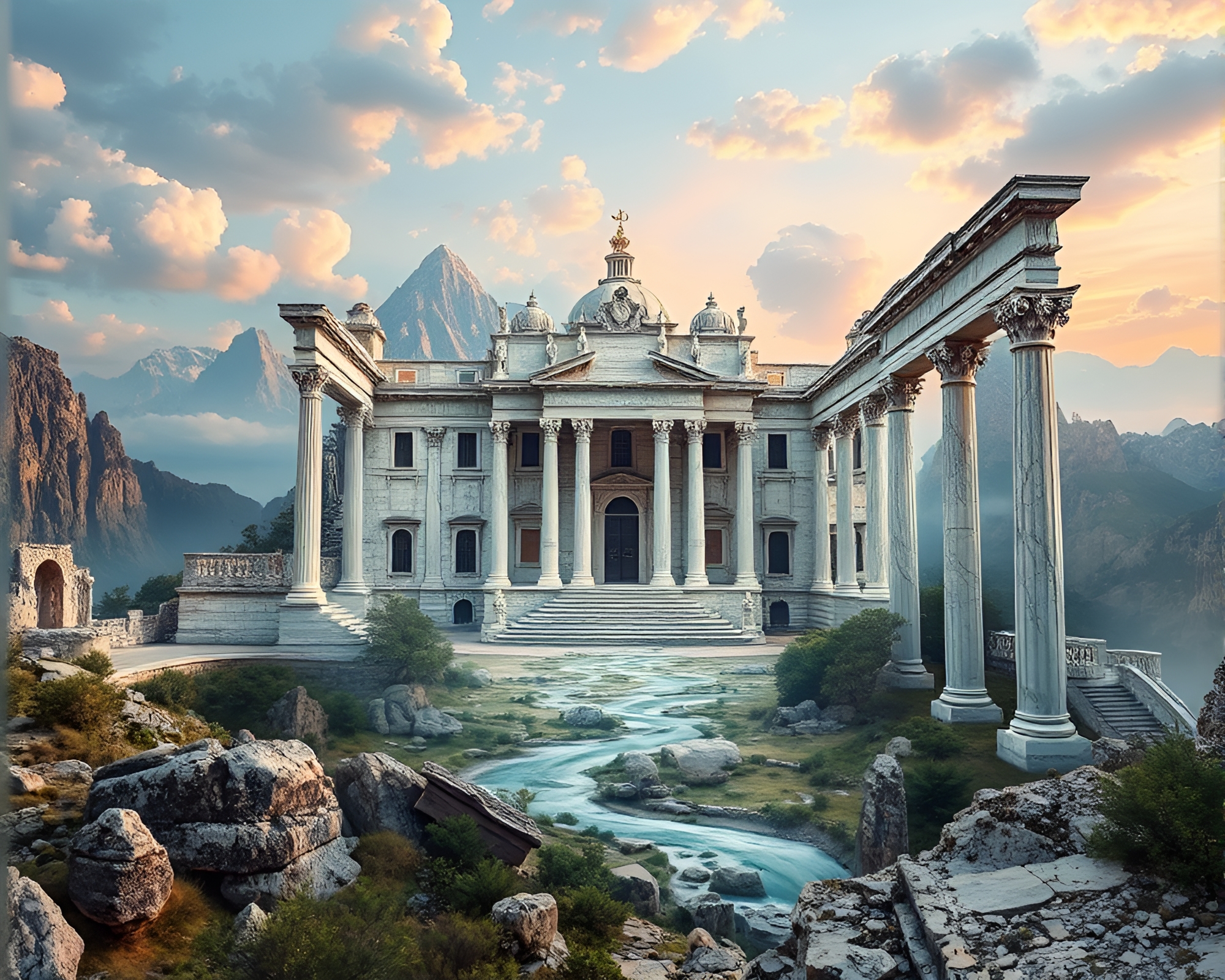 Majestic Marble Ruins in Surreal Fantasy Photomontage – free AI stock image