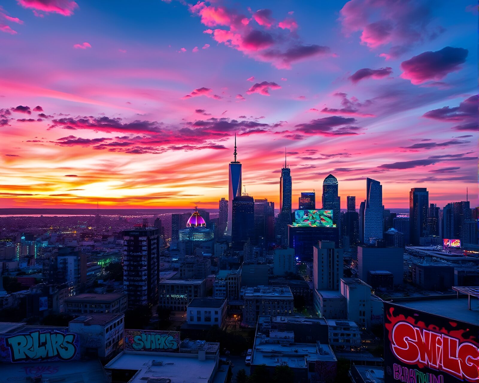 Vibrant neon lights and graffiti art adorn urban skyline