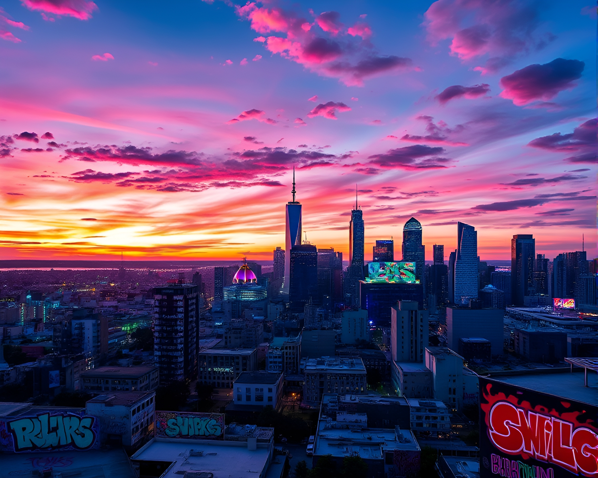 Colorful Graffiti Art Illuminating Urban Skyline at Dusk – free AI stock image