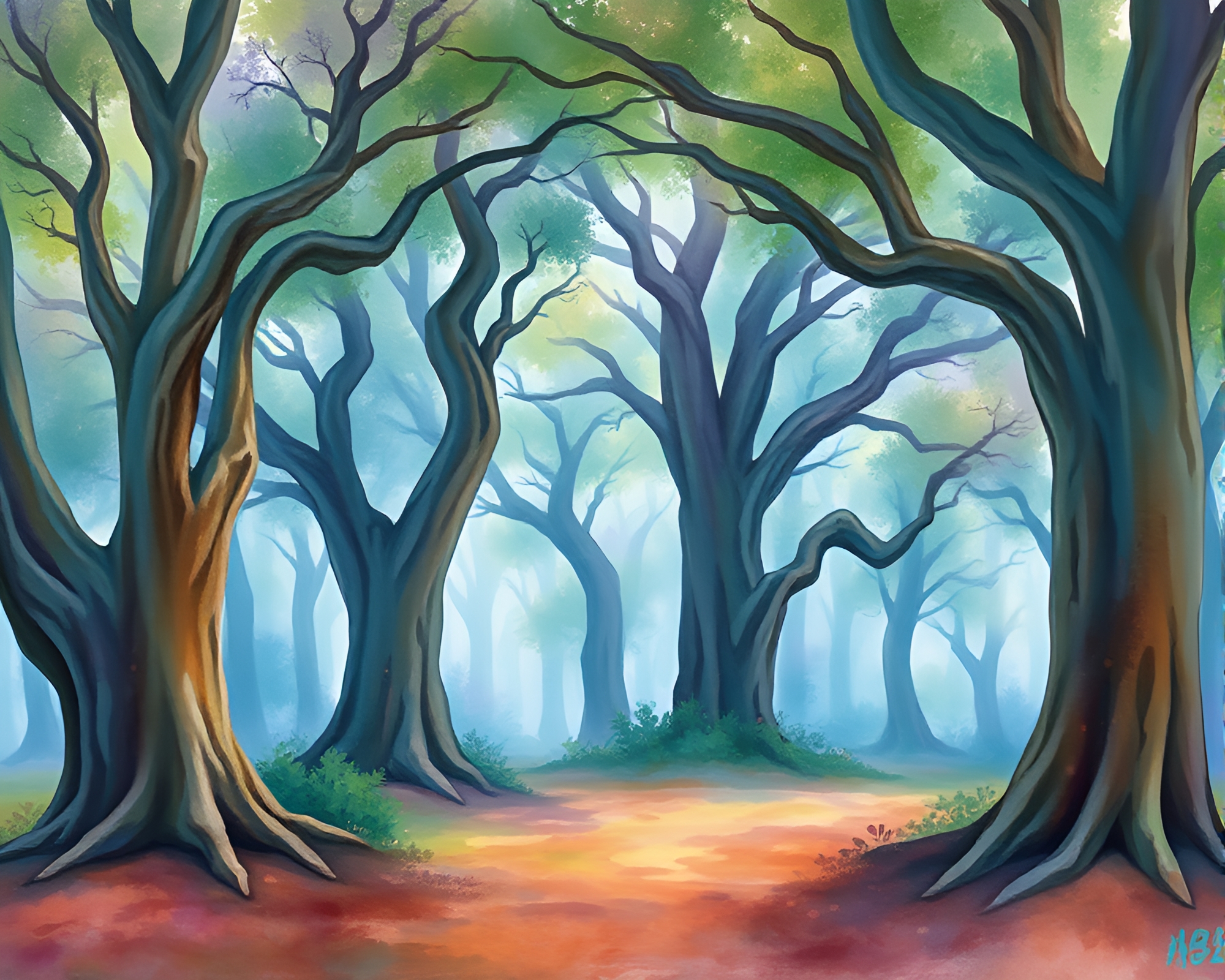 Whimsical Spectral Oak Forest Watercolor Painting – free AI stock image