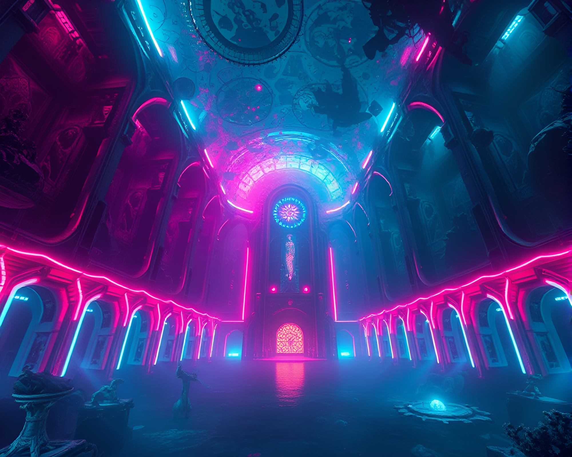 Ethereal Underwater Cathedral with Glowing Neon Lights – free AI stock image