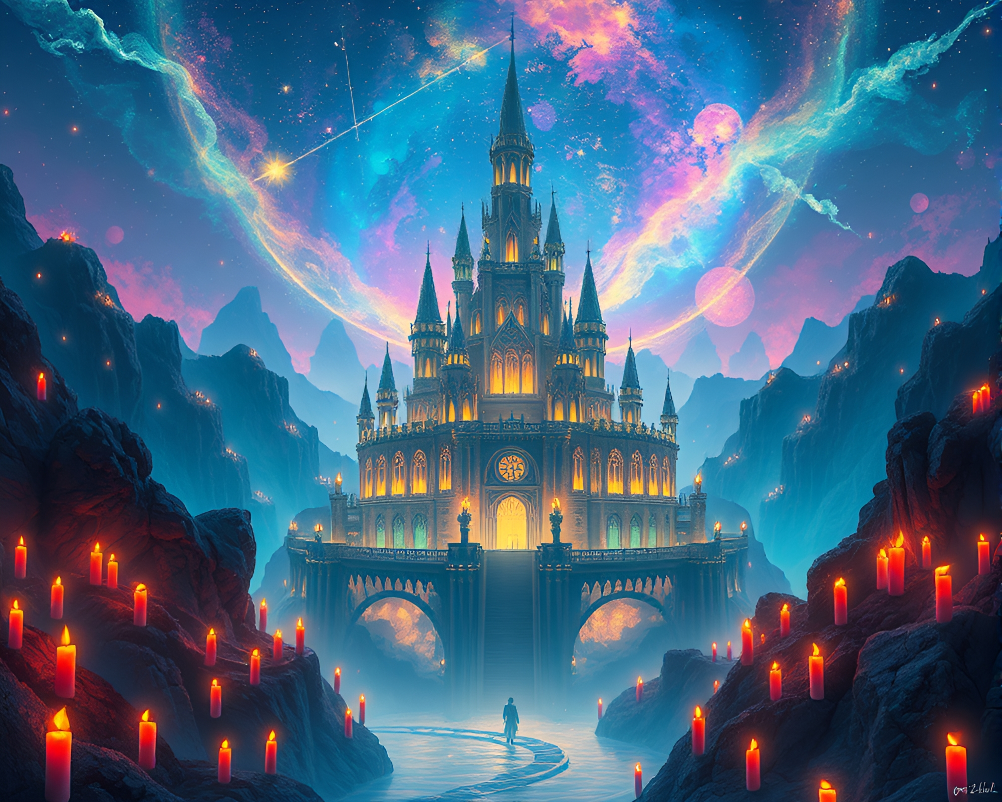 Ethereal Citadel Illuminated by Floating Cosmic Candles – free AI stock image