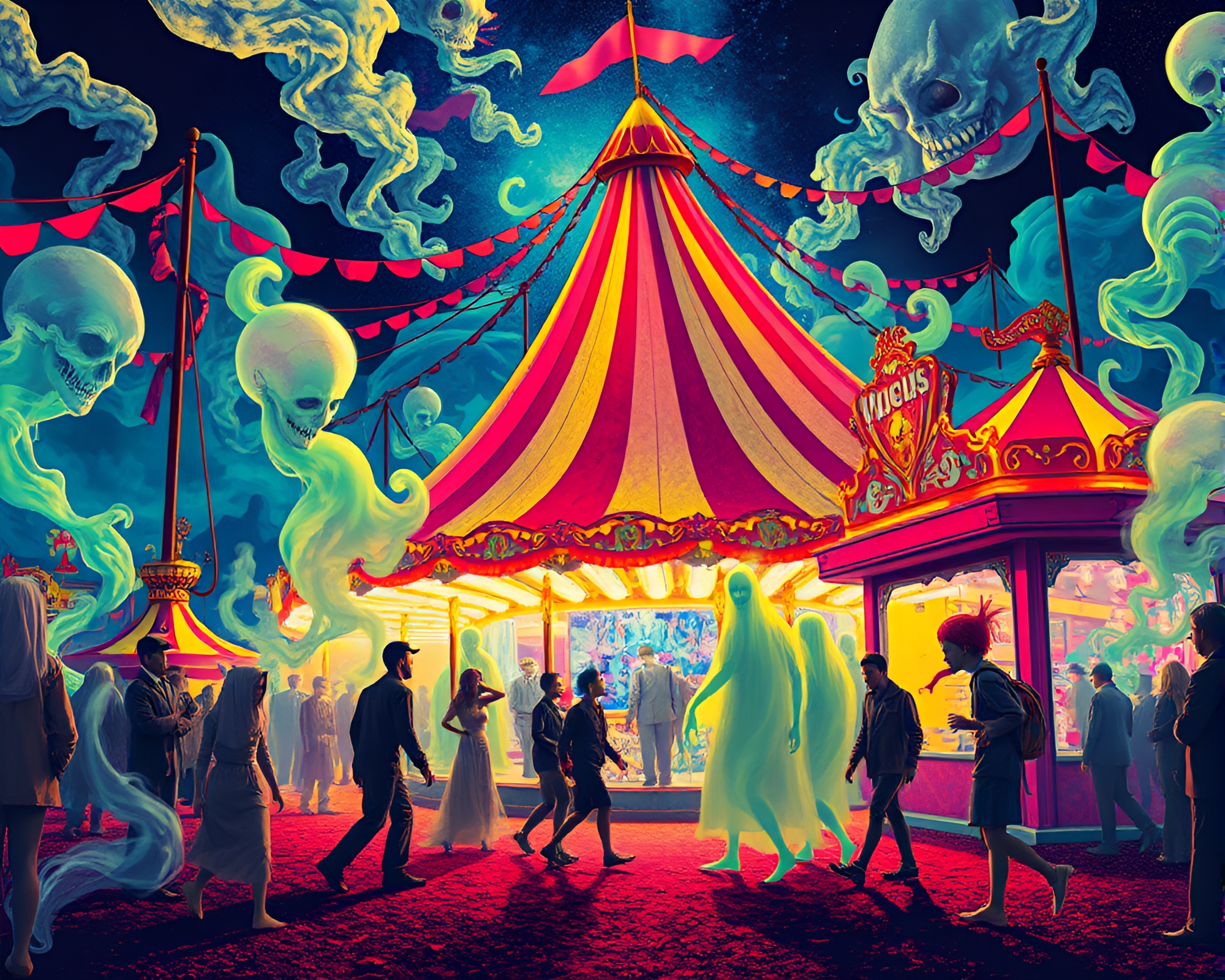 Spectacular Pop Art Carnival with Eerie Spectral Figures – free AI stock image