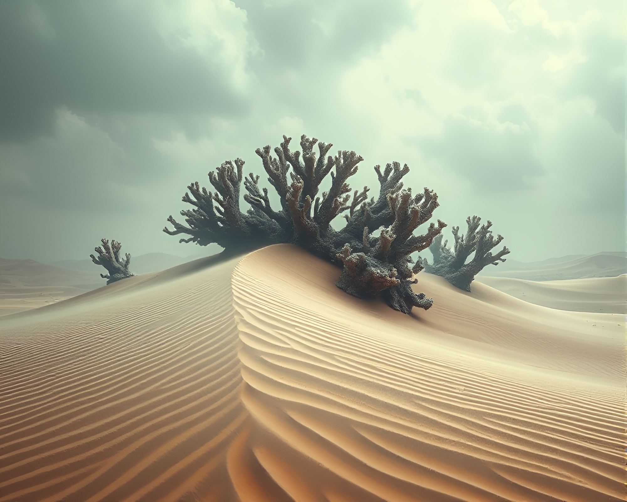 Eerie Contemporary Art: Coral Structures in Swirling Sand Dunes – free AI stock image