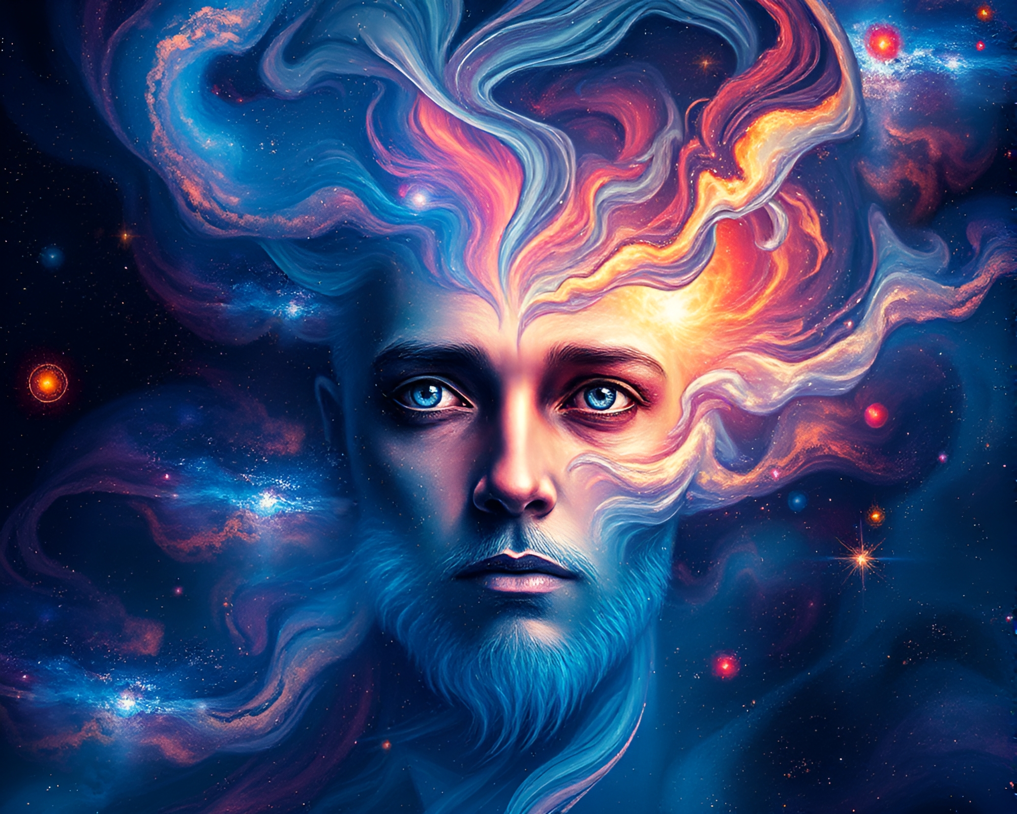 Cosmic Portrait of Mystical Being with Swirling Galaxies – free AI stock image