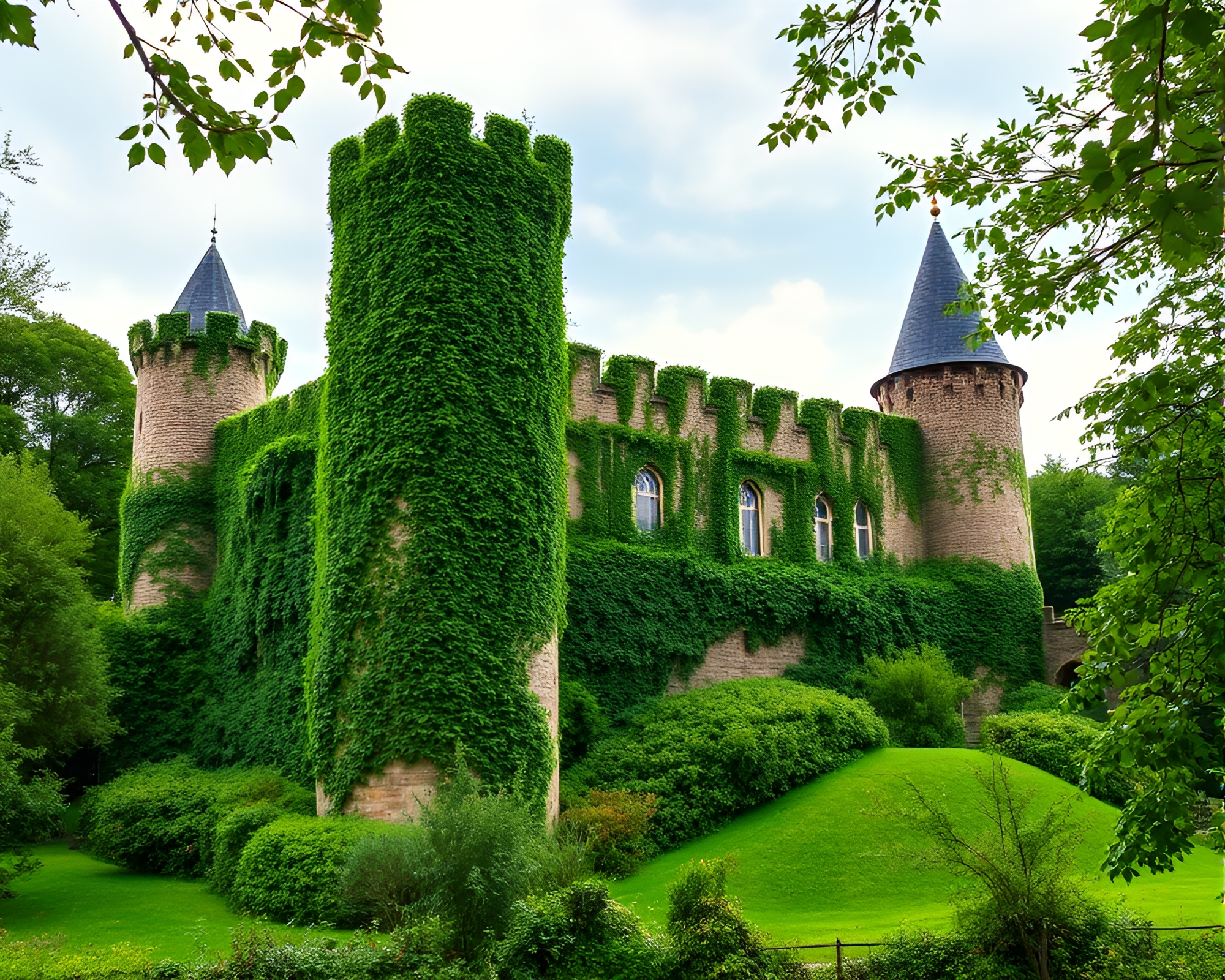 Medieval fortress enveloped by lush greenery and serene ambiance – free AI stock image