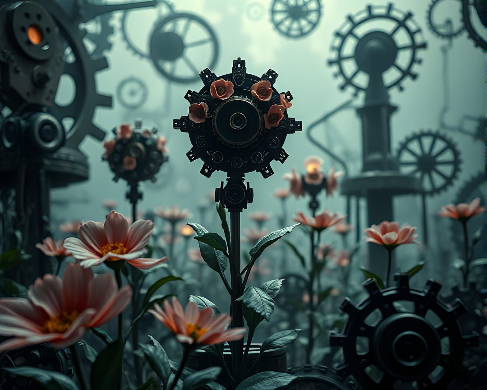 Eerie clockwork garden with robotic flowers and turning gears