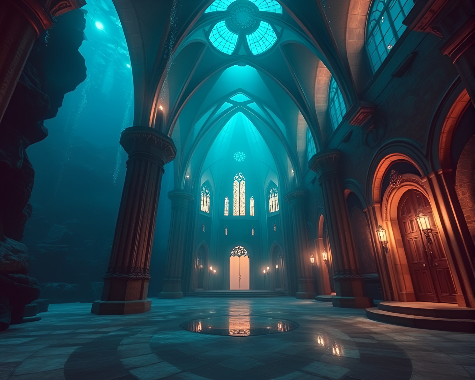 Subaqueous Cathedral: Intricate Art Deco Depths Below – free AI stock image