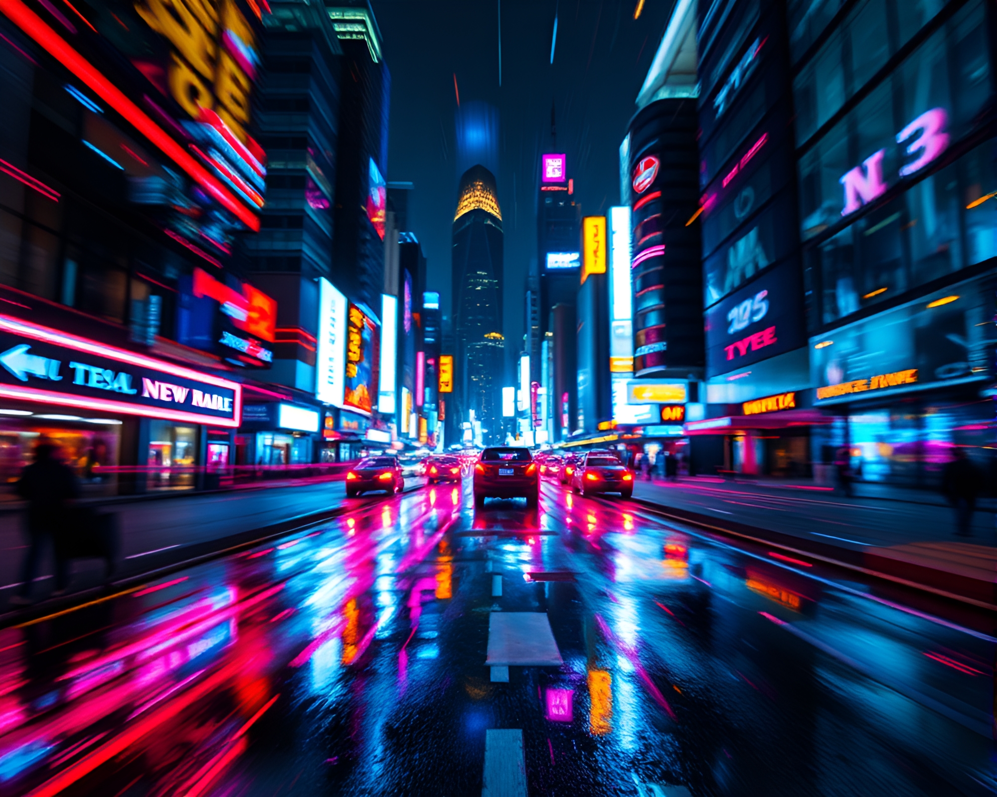 Spectacular Neon Light Reflections in CGI Cityscape – free AI stock image