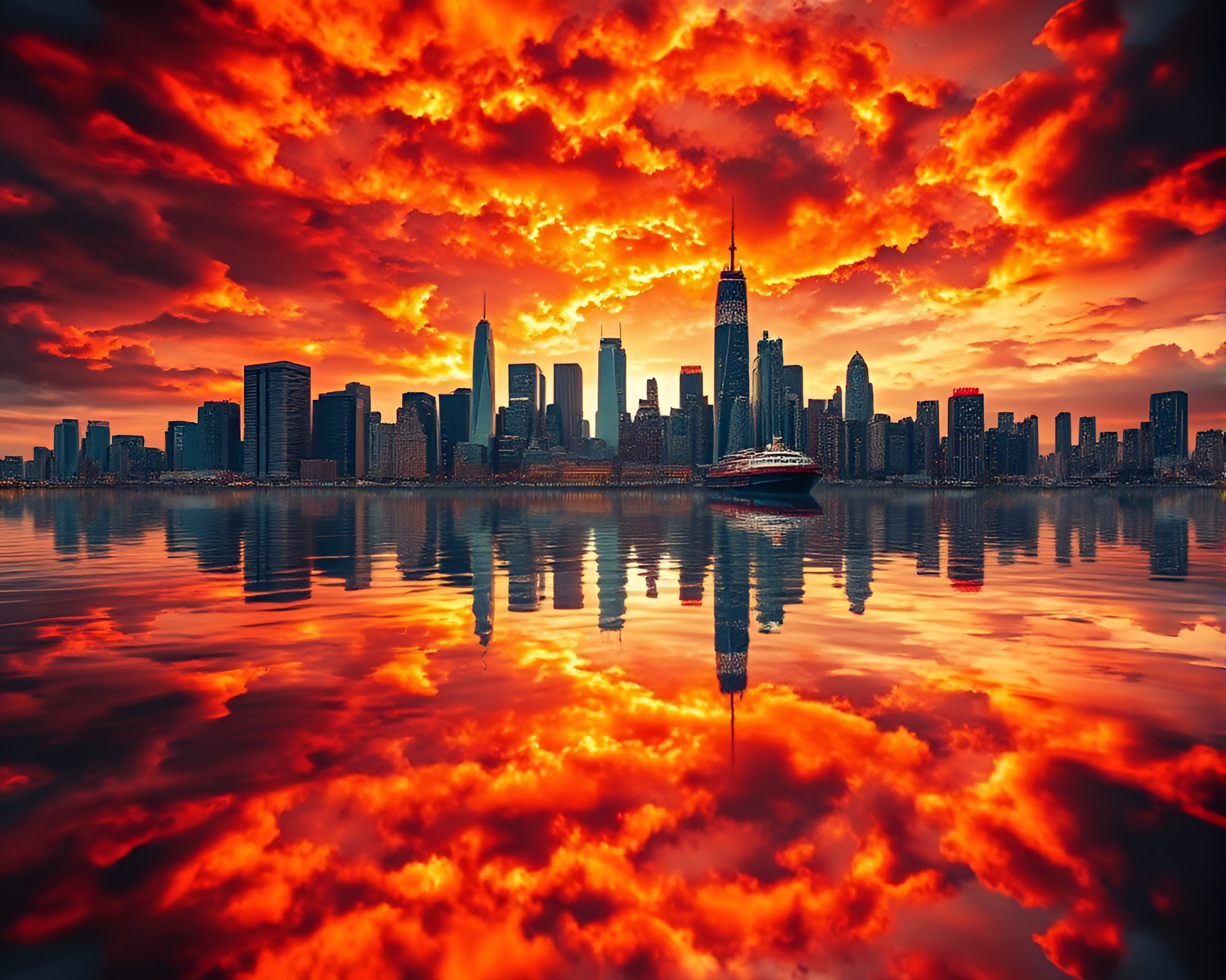 Vibrant City Reflections in Fiery Apocalyptic Skyline Image – free AI stock image