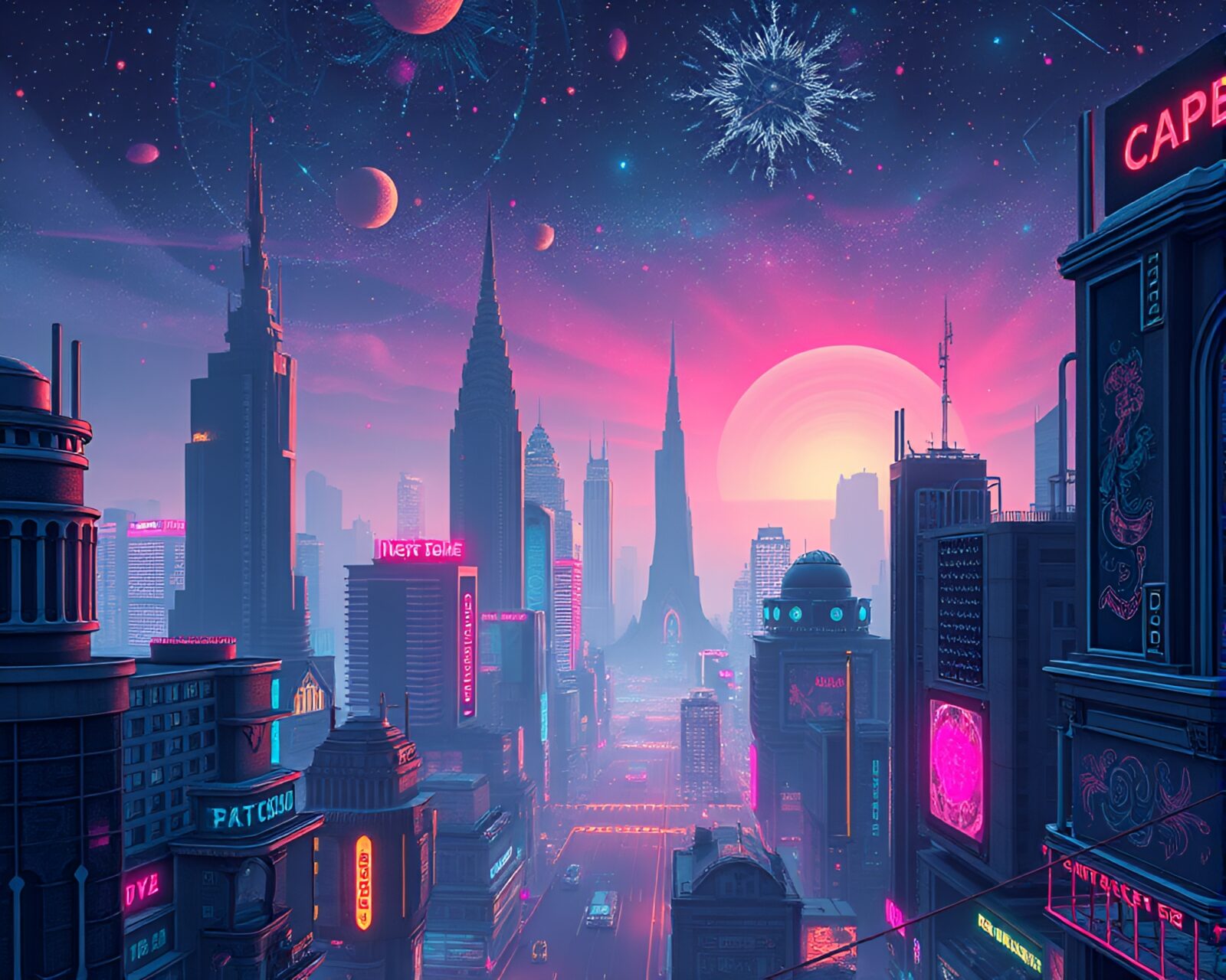 Neon-lit night skyline with surreal embroidered skyscrapers