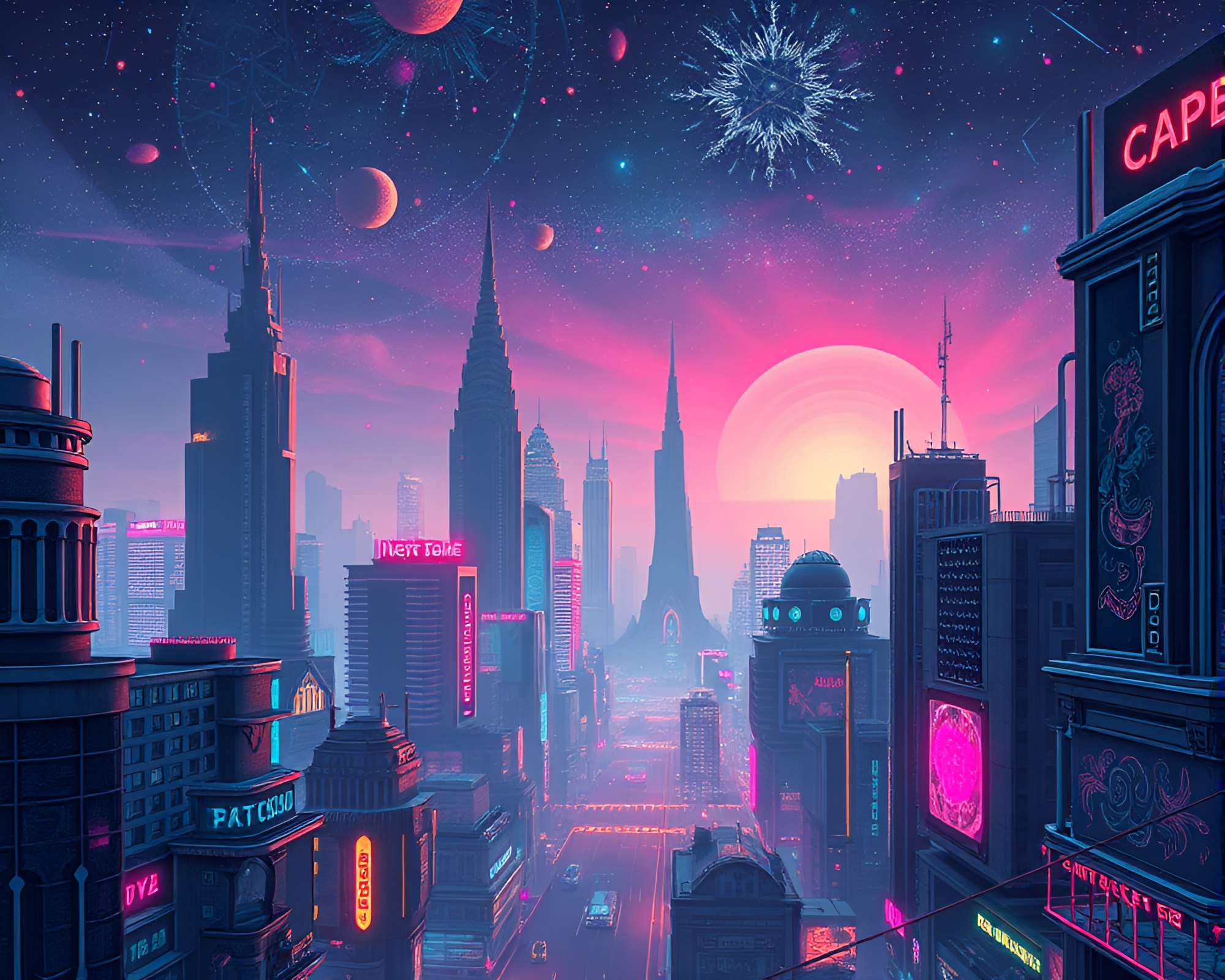Retro-Futuristic Metropolis with Surreal Embroidery Patterns at Night – free AI stock image