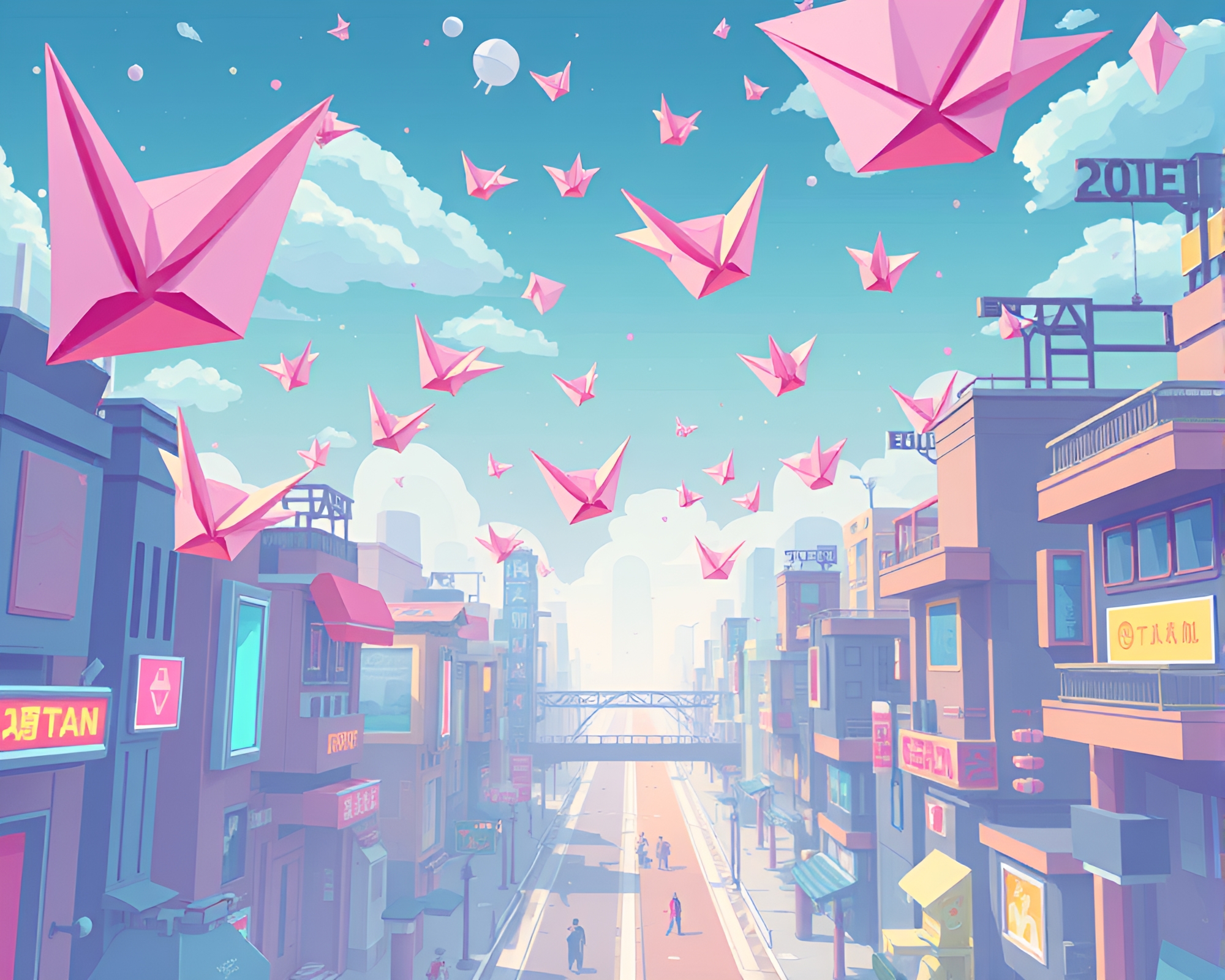 Surreal Origami and Pixelated Cityscape Merge in Glitch Art – free AI stock image