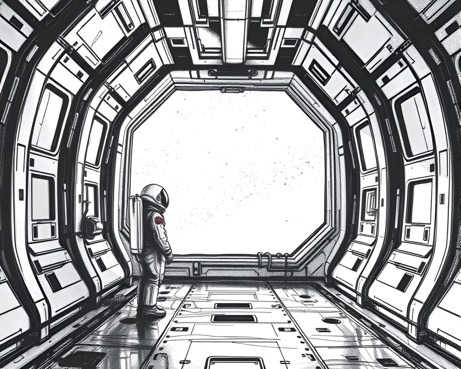 Minimalistic charcoal sketch of astronaut staring into space