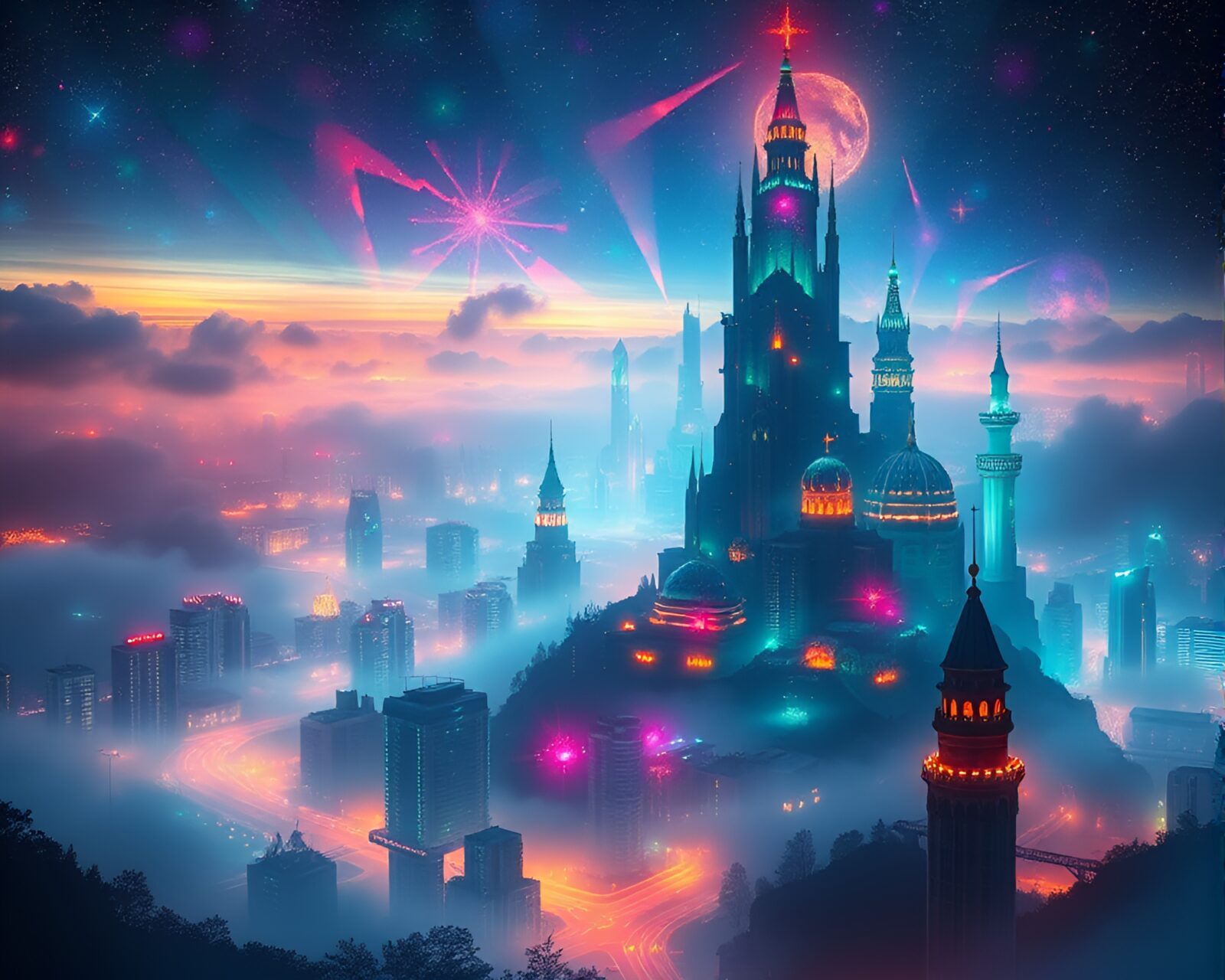 Mystical urban art with bioluminescent city towers in mist