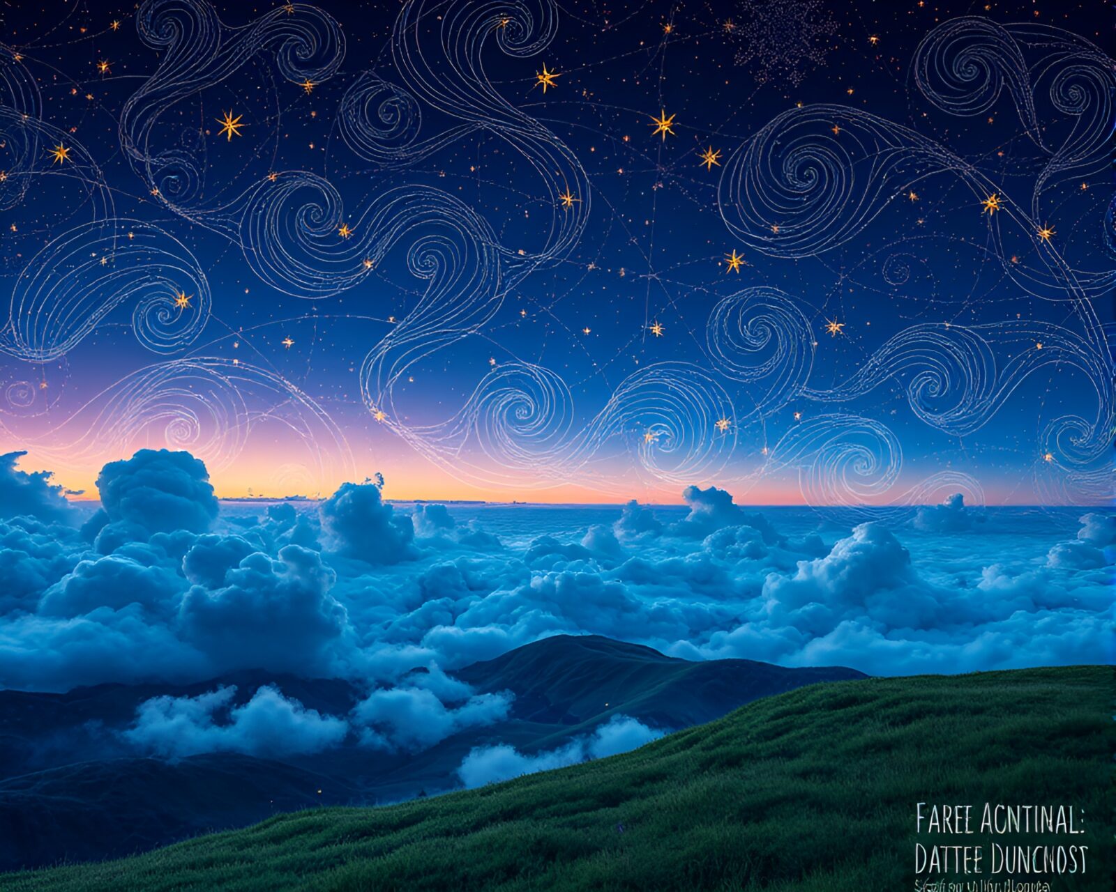 Majestic night sky with stars and swirling clouds over enchanting landscape