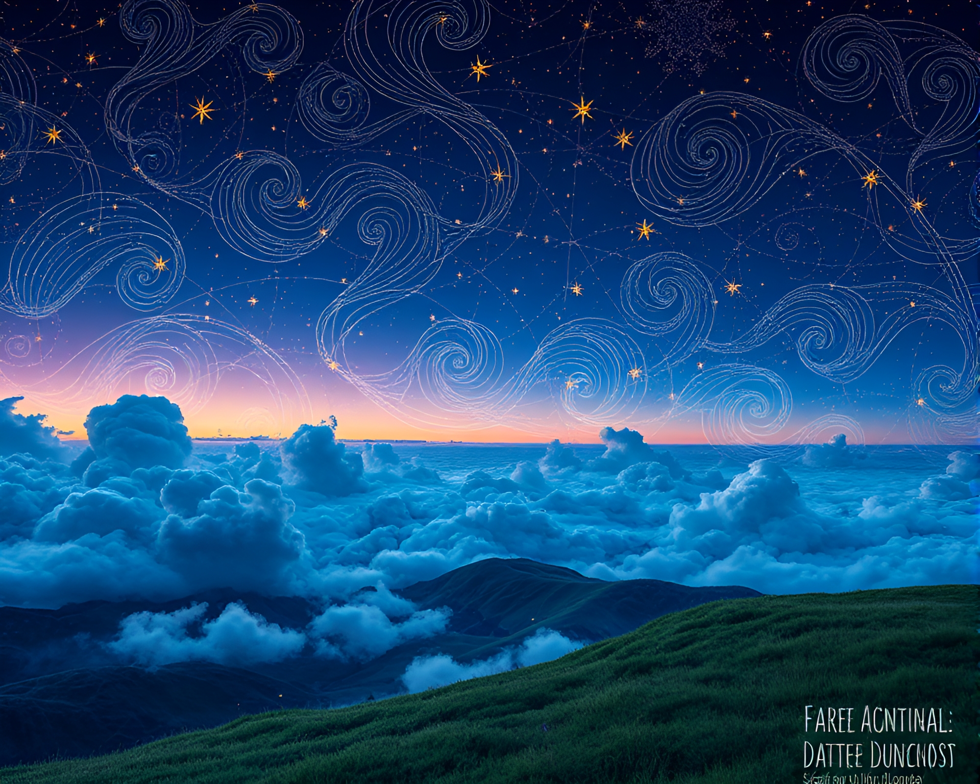Enchanting Twilight Landscape with Ethereal Stars and Swirling Clouds – free AI stock image