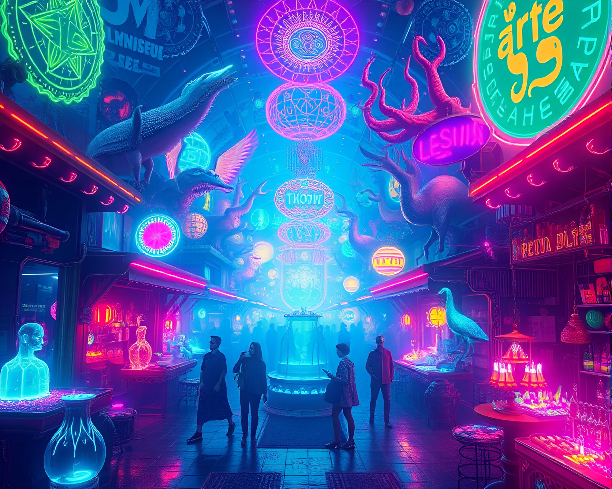 Neon Holographic Bazaar: Surreal Landscape Vibrant with Creativity – free AI stock image