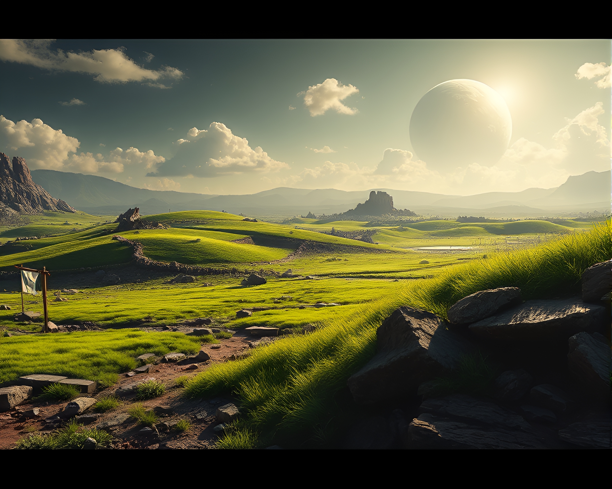 Beautiful Green Meadows on Shattered Planet Surface – free AI stock image