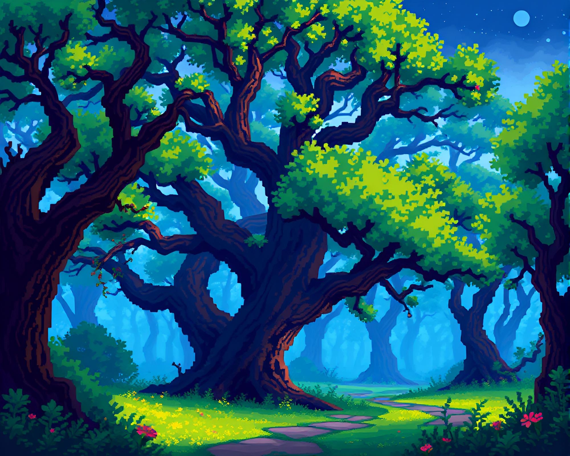 Vivid Spectral Oak Forest in Dreamy Pixel Art – free AI stock image
