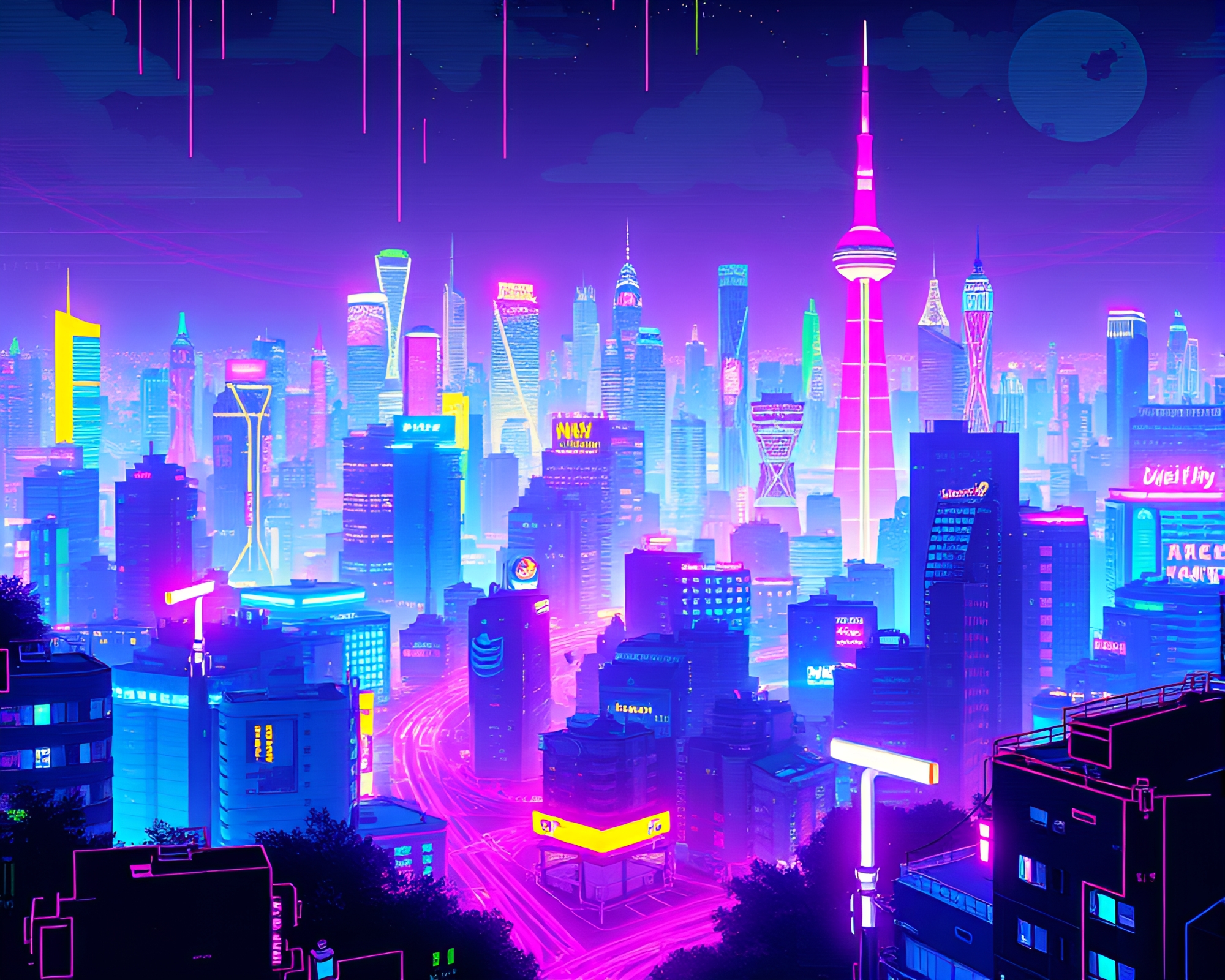 Futuristic Bioluminescent Urban Sprawl in 8-Bit Glitch Art – free AI stock image