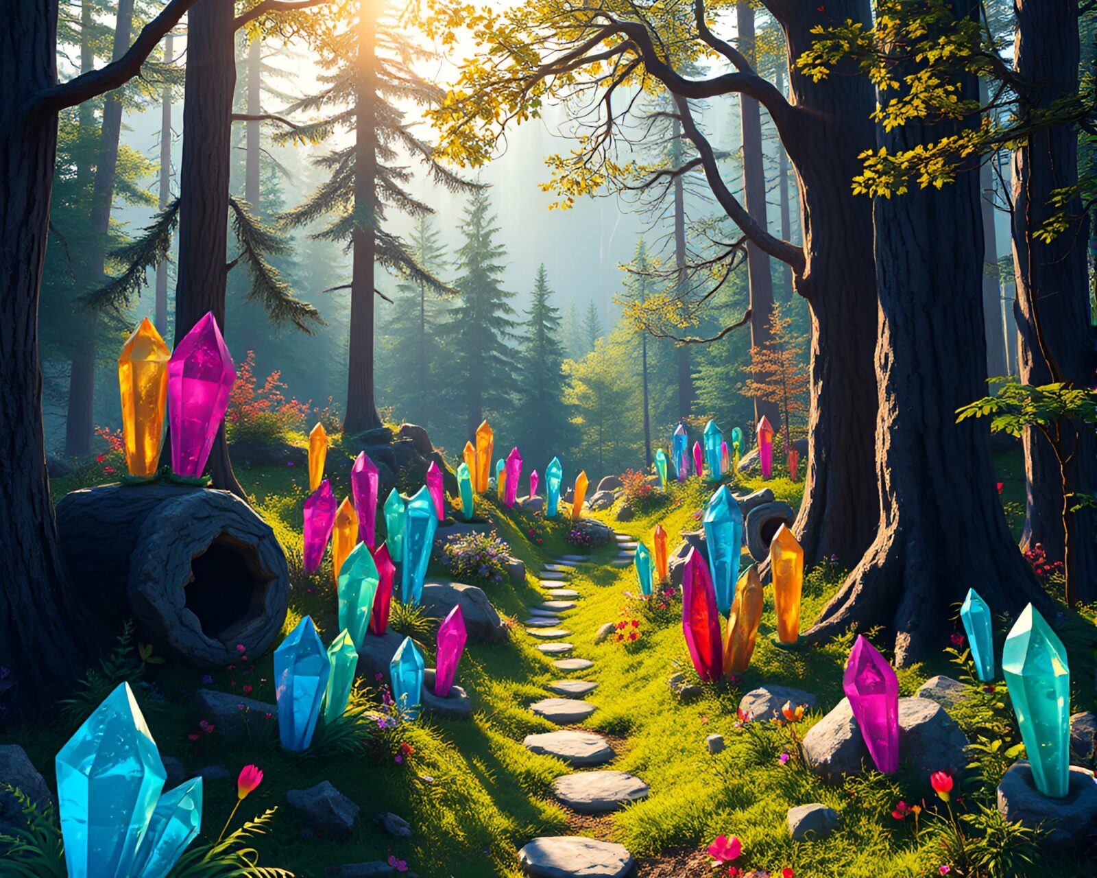 Colorful pixel art crystals in sunlit forest setting