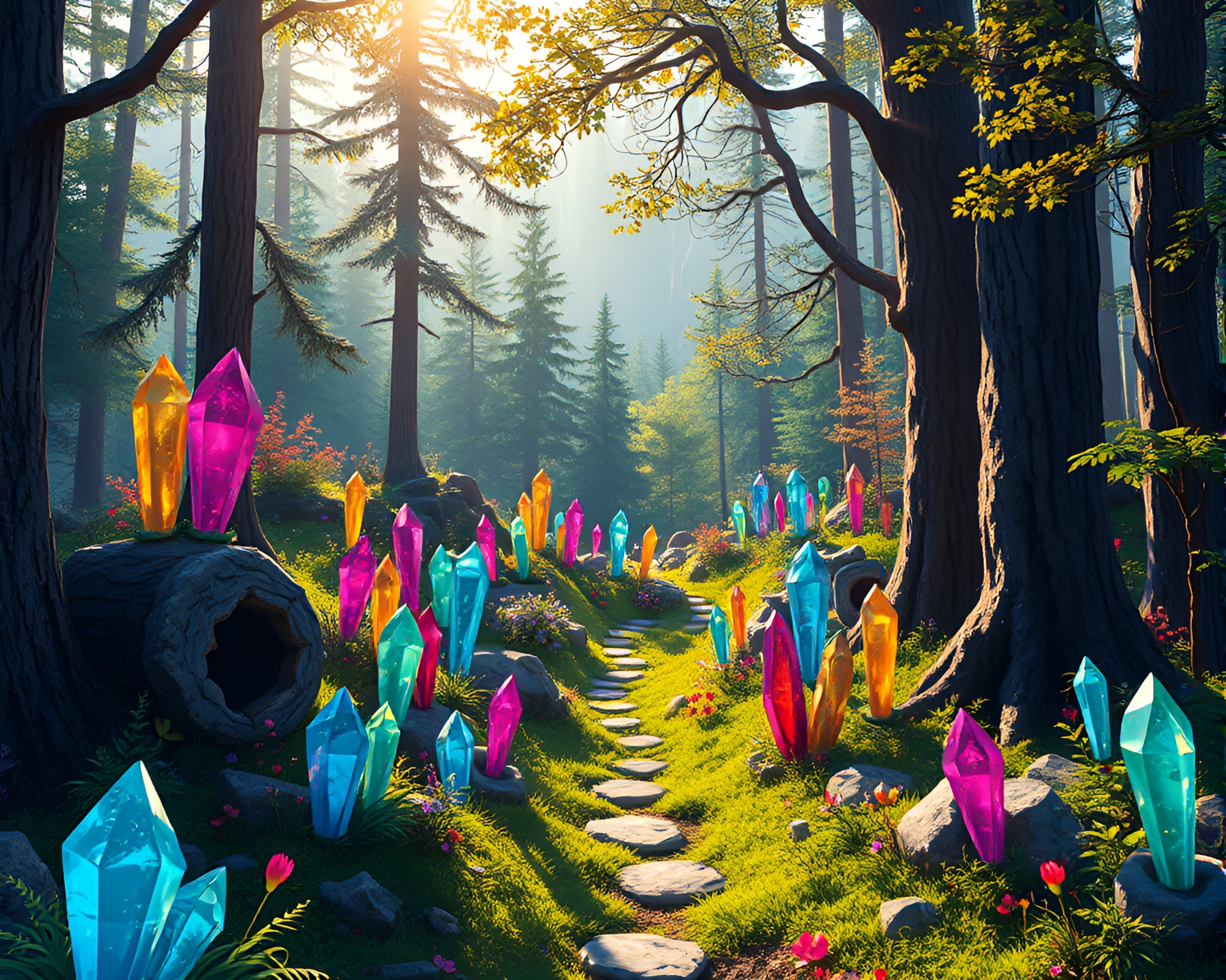 Whimsical Pixel Art Forest Scene with Silicone Crystals – free AI stock image