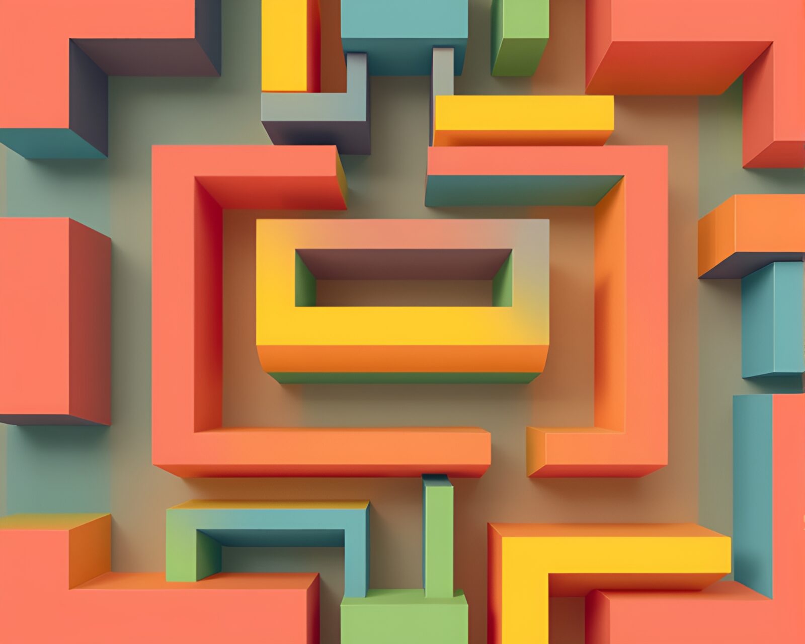 Minimalist cubist shapes in candy colors forming a maze.
