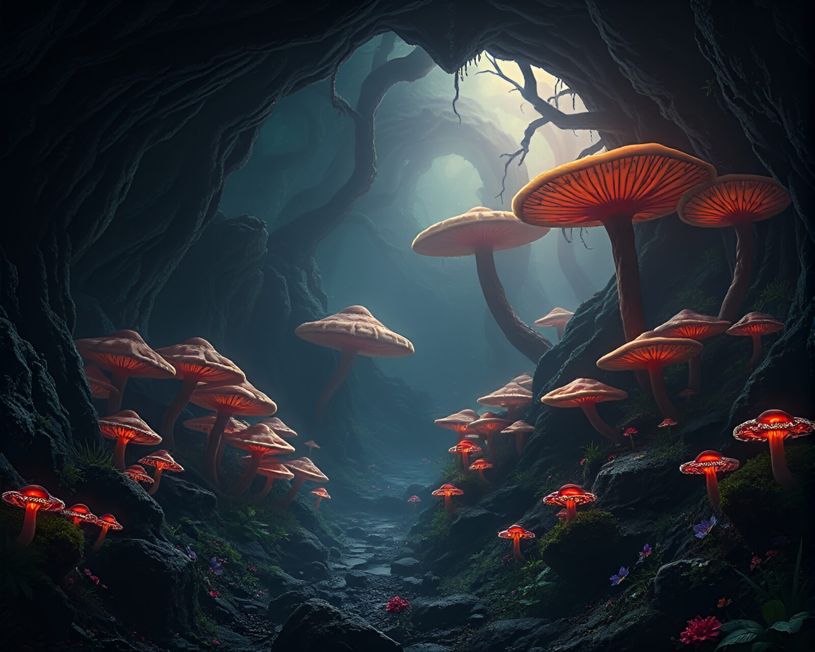 Mysterious dark forest glowing with vibrant otherworldly fungus