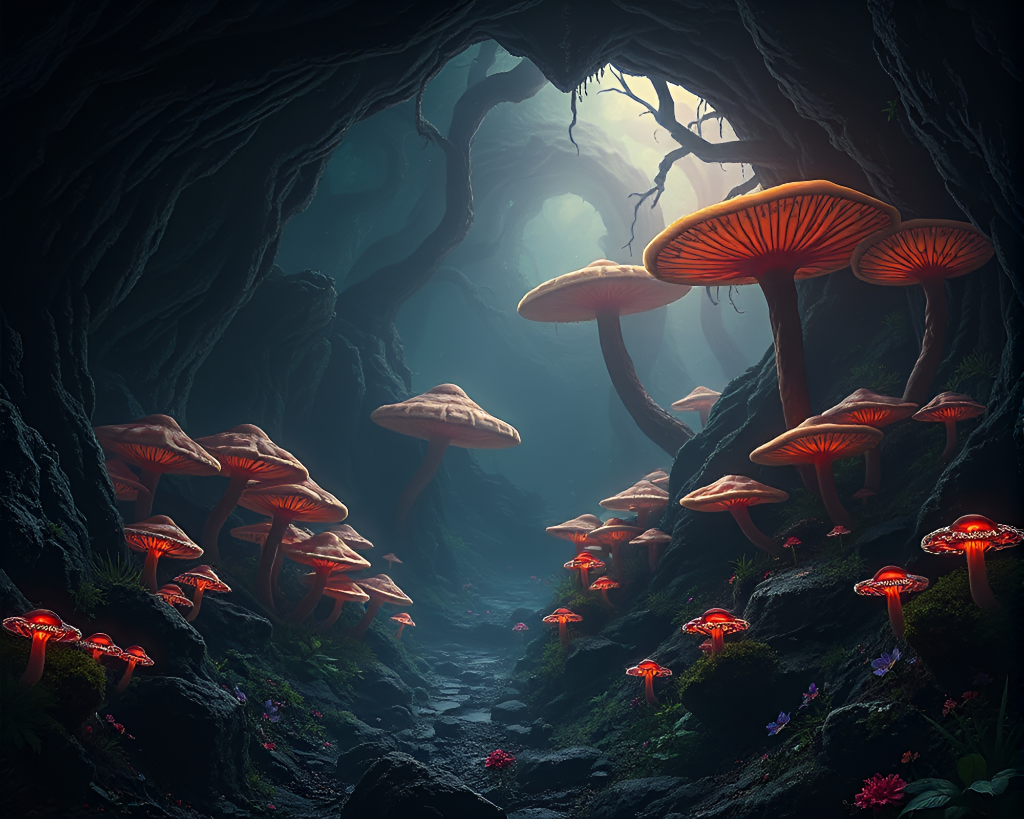 Enchanting Subterranean Forest with Glowing Fungus – free AI stock image