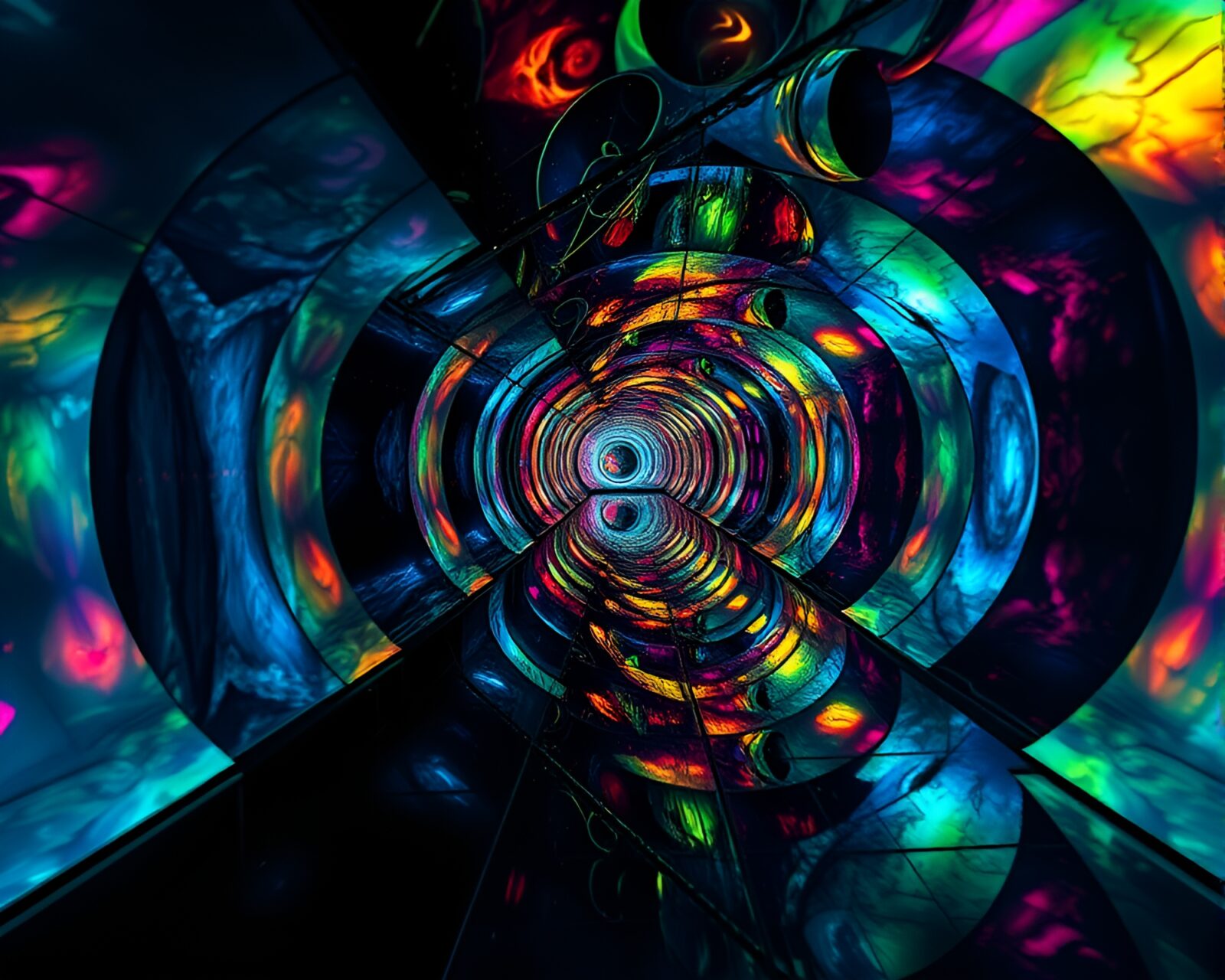 Vibrant and surreal mirror labyrinth with impressionistic colors underground