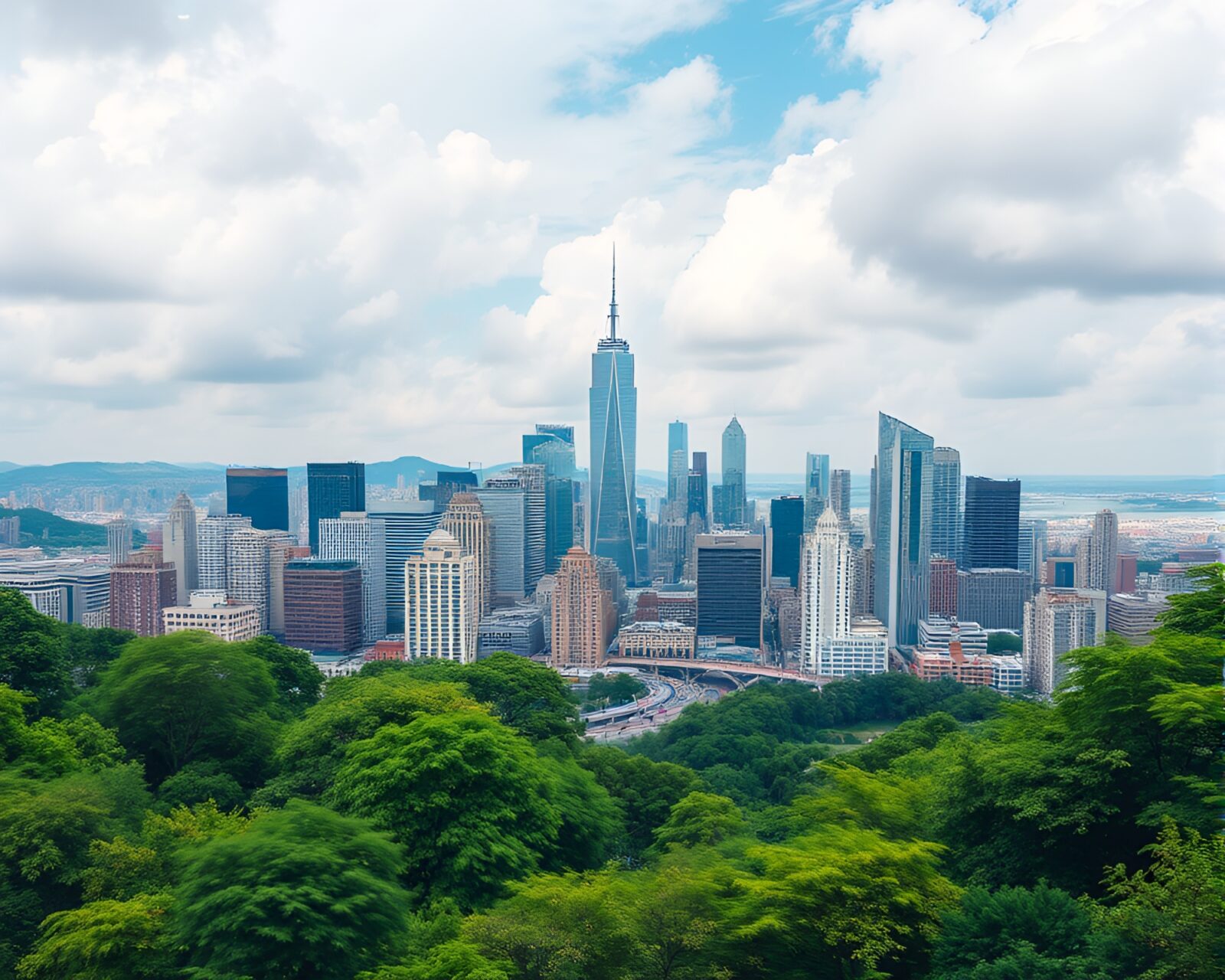 Surreal photomontage of city skyline blending with lush greenery