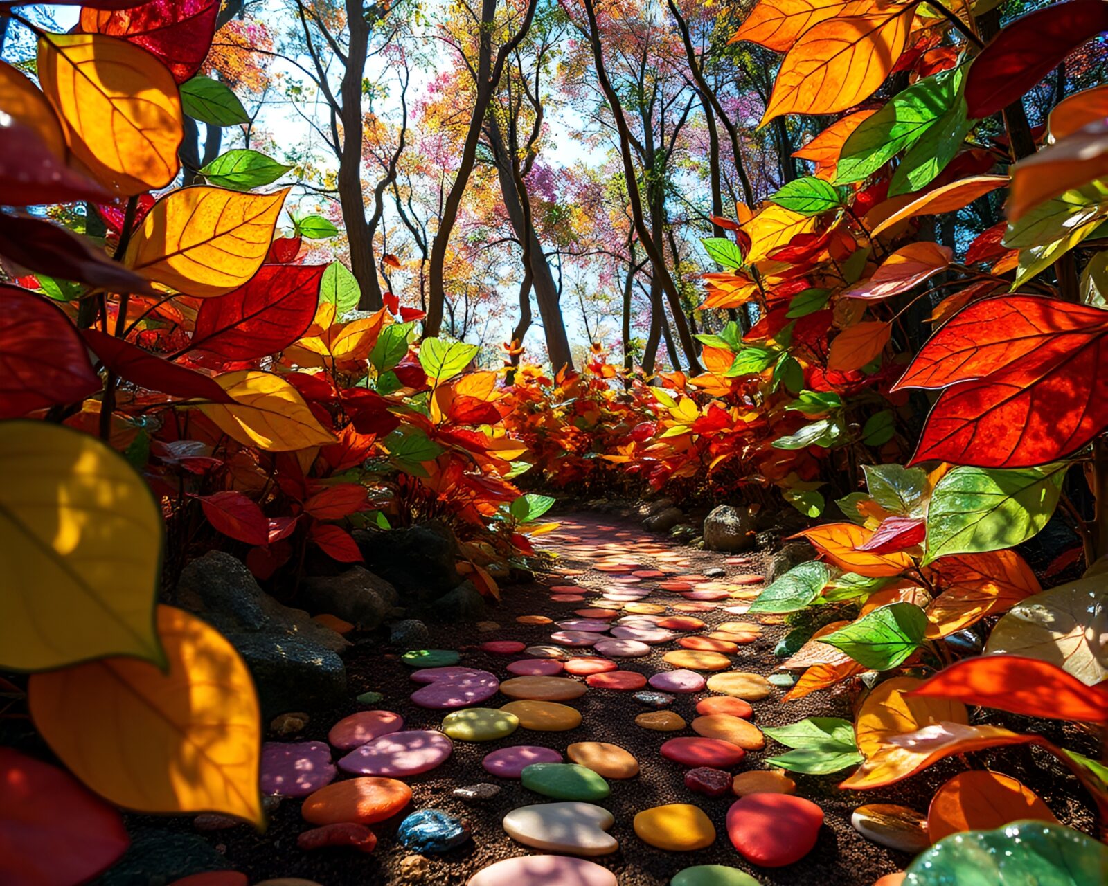 Sunlight filtering through colorful stained glass leaves in crystal forest