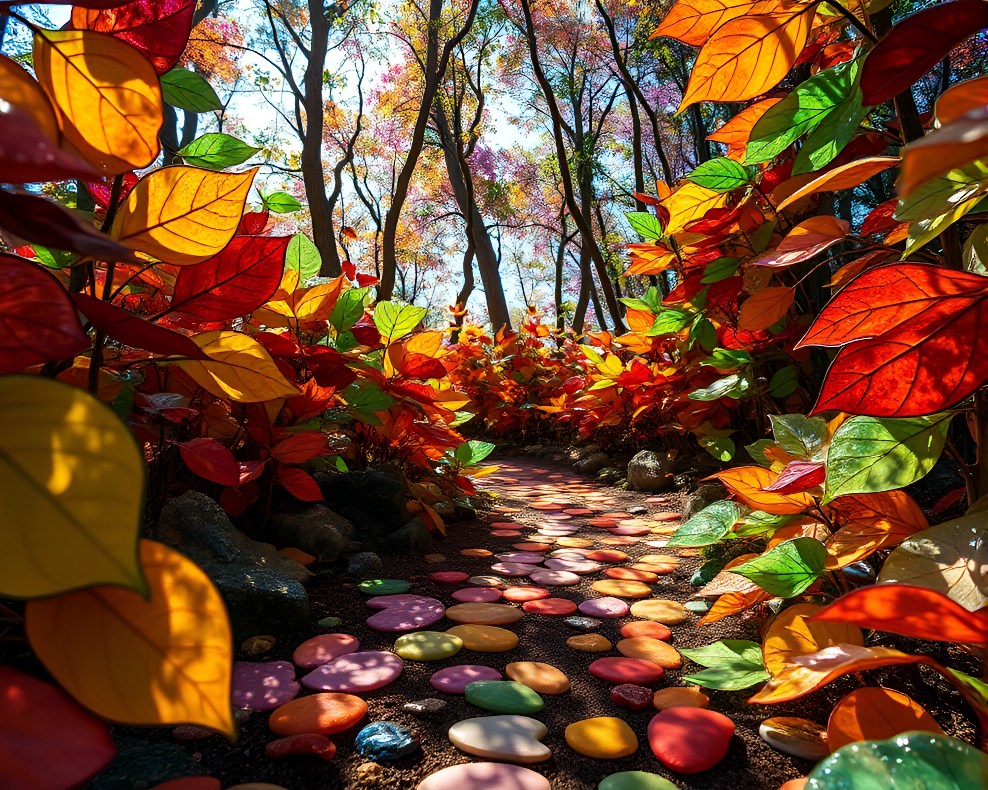 Vibrant Stained Glass Leaves in Silicon Crystal Forest – free AI stock image
