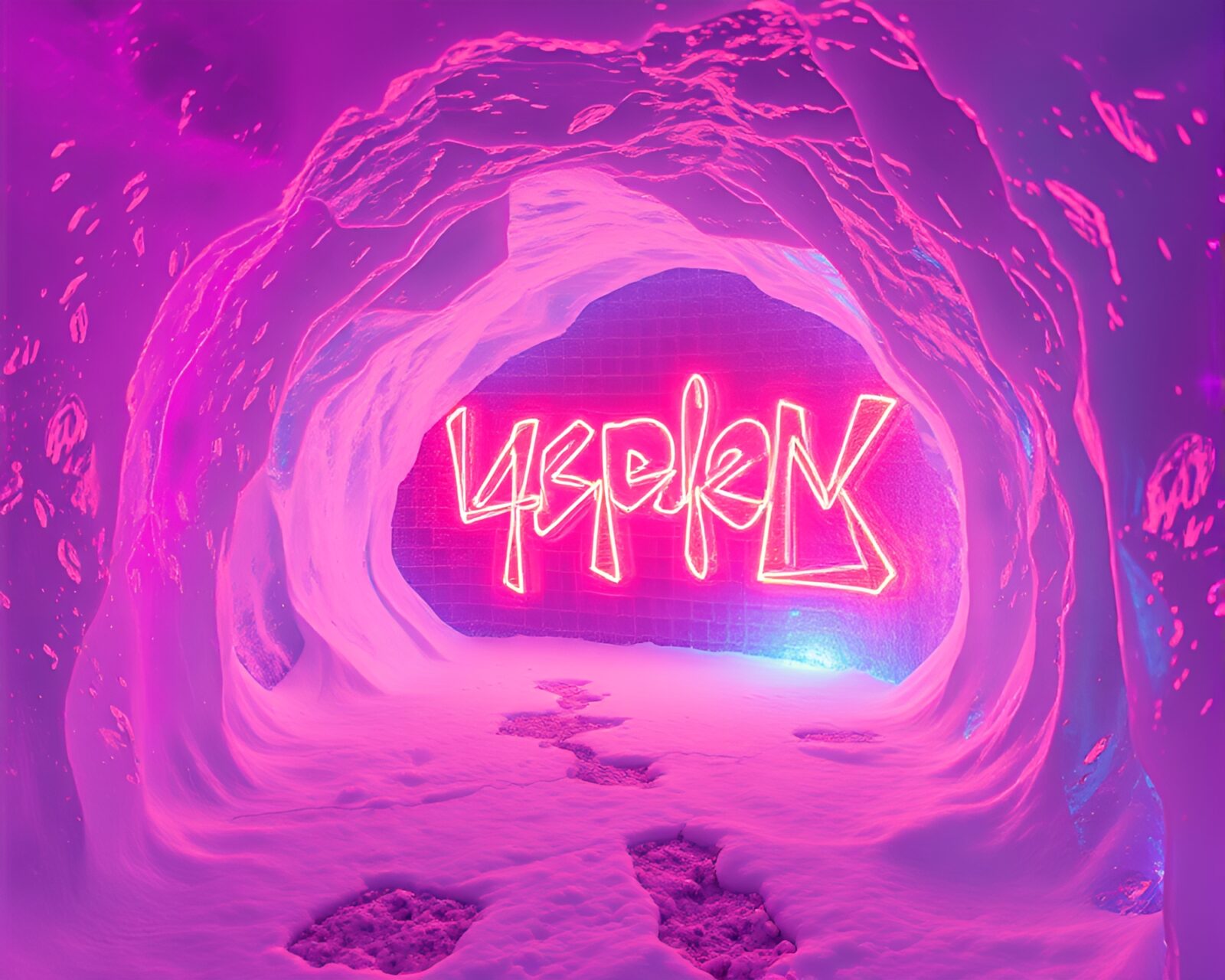 Vibrant neon graffiti art on icy cavern walls