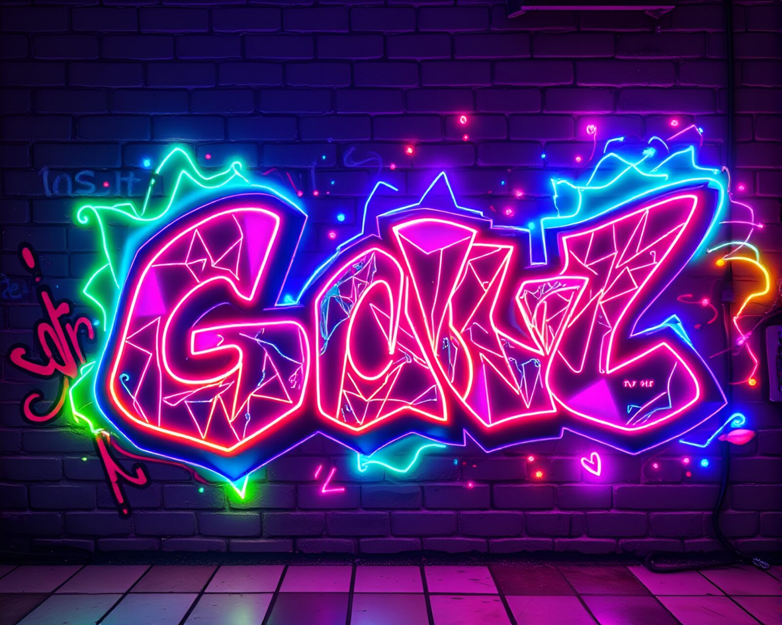 Intricate neon graffiti art with vibrant colors and serene atmosphere