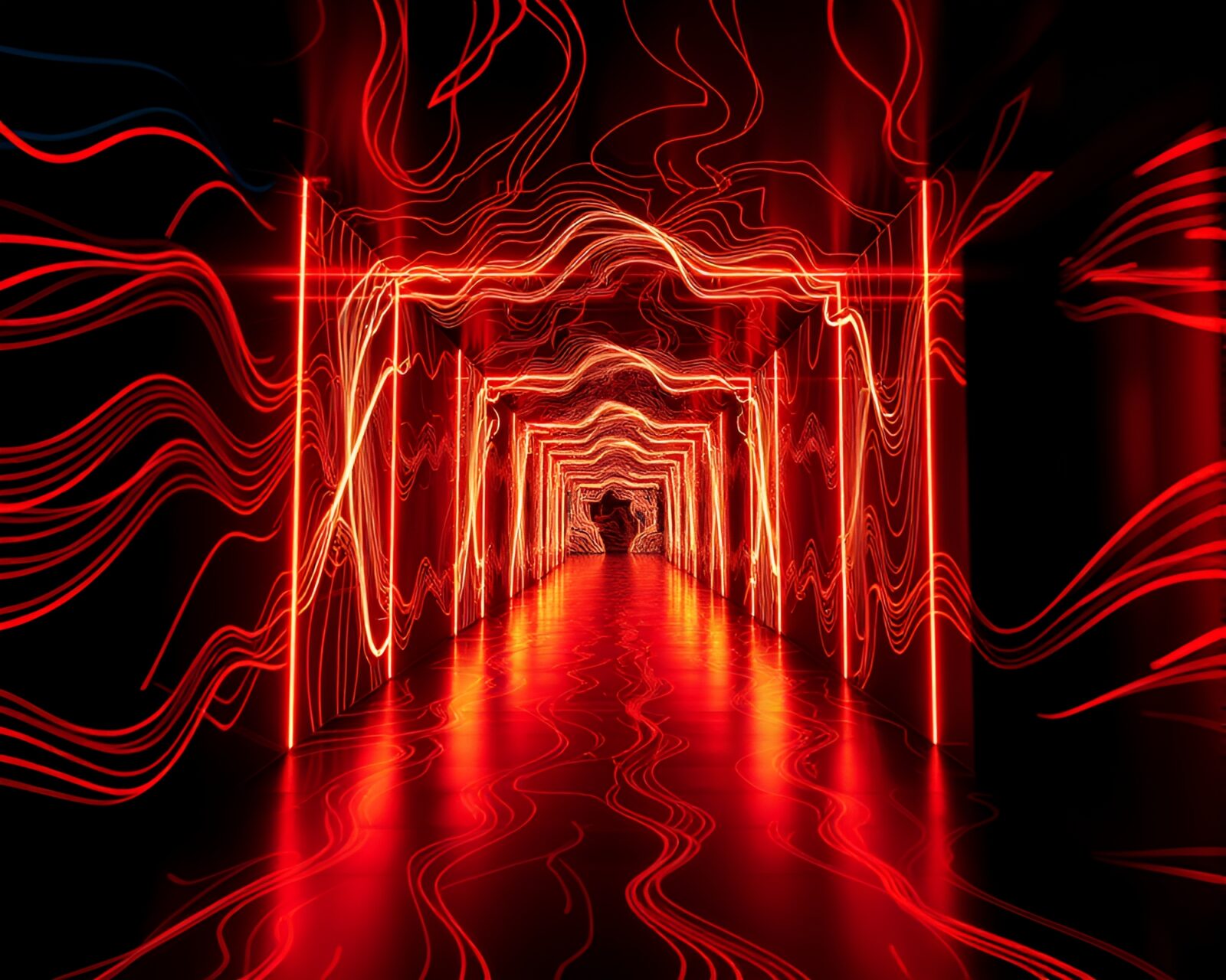 Surreal corridor of motion-filled line art creating dynamic visual