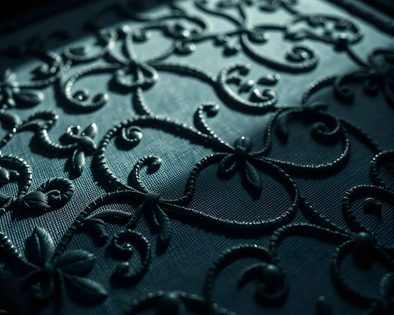 Detailed embroidery with shadows, mystery, and elegance